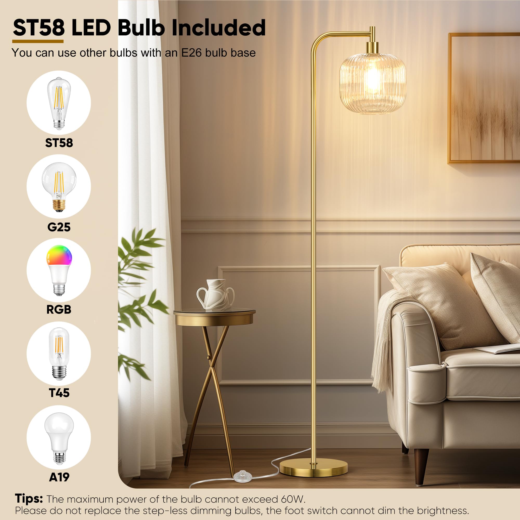 QiMH Modern Glass Floor Lamp, 67” Tall, Brushed Gold & Clear, Ribbed Shade, Model STR-FL-0096, Perfect for Living Room & Bedroom