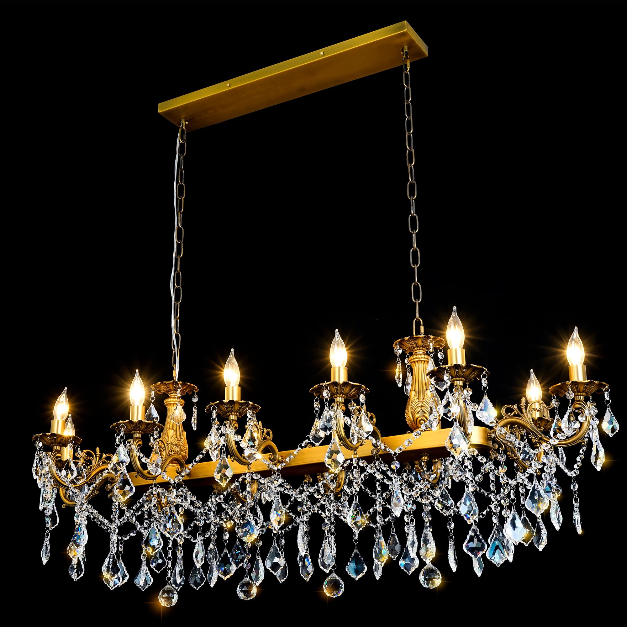Rectangle Crystal Chandeliers Extra large modern Chandelier Island Lighting 12 Lights Candle Pendant Rectangle Hanging Ceiling Light Fixture for Dining Room Living Room Kitchen Island Entry L51.95