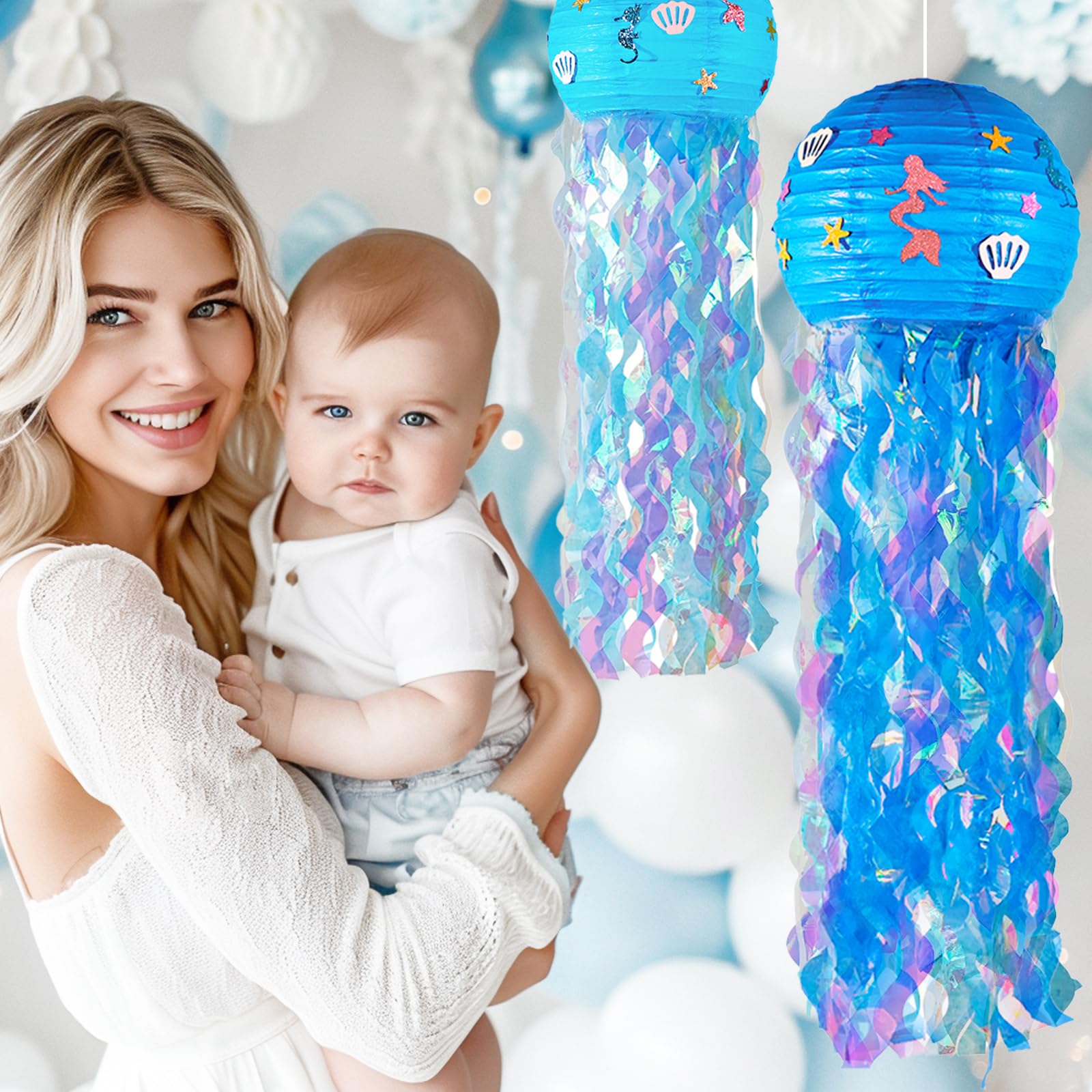 Obxt 12'' Blue Jellyfish Lanterns - Mermaid Birthday Decorations, Under The Sea Party Supplies, Ocean Theme Hanging Jellyfish De