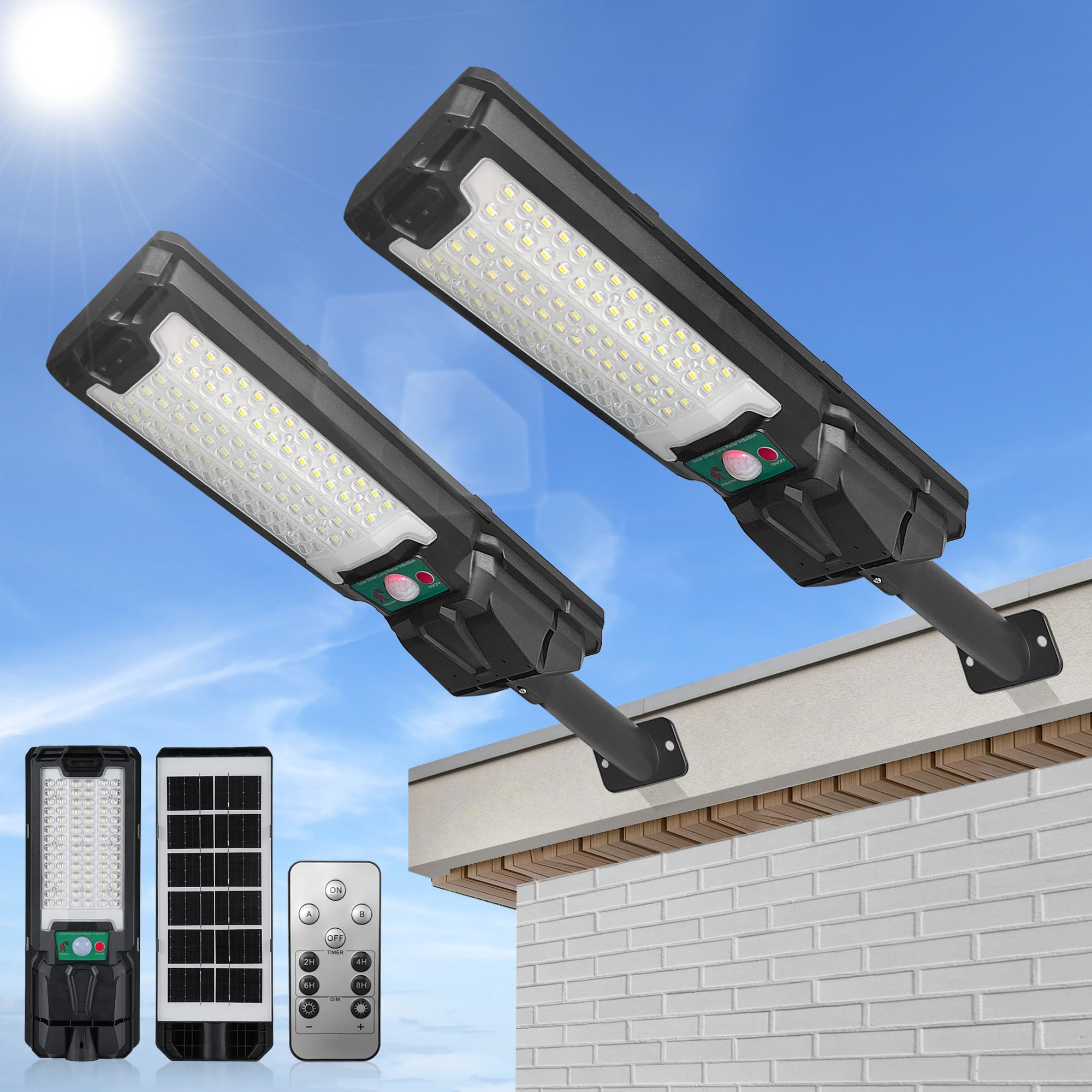 AODPWEN Solar Lights Outdoor Waterproof 2 Pack, Solar Street Lights Outdoor with Remote Control, Upgraded Wide Angle High Lumens