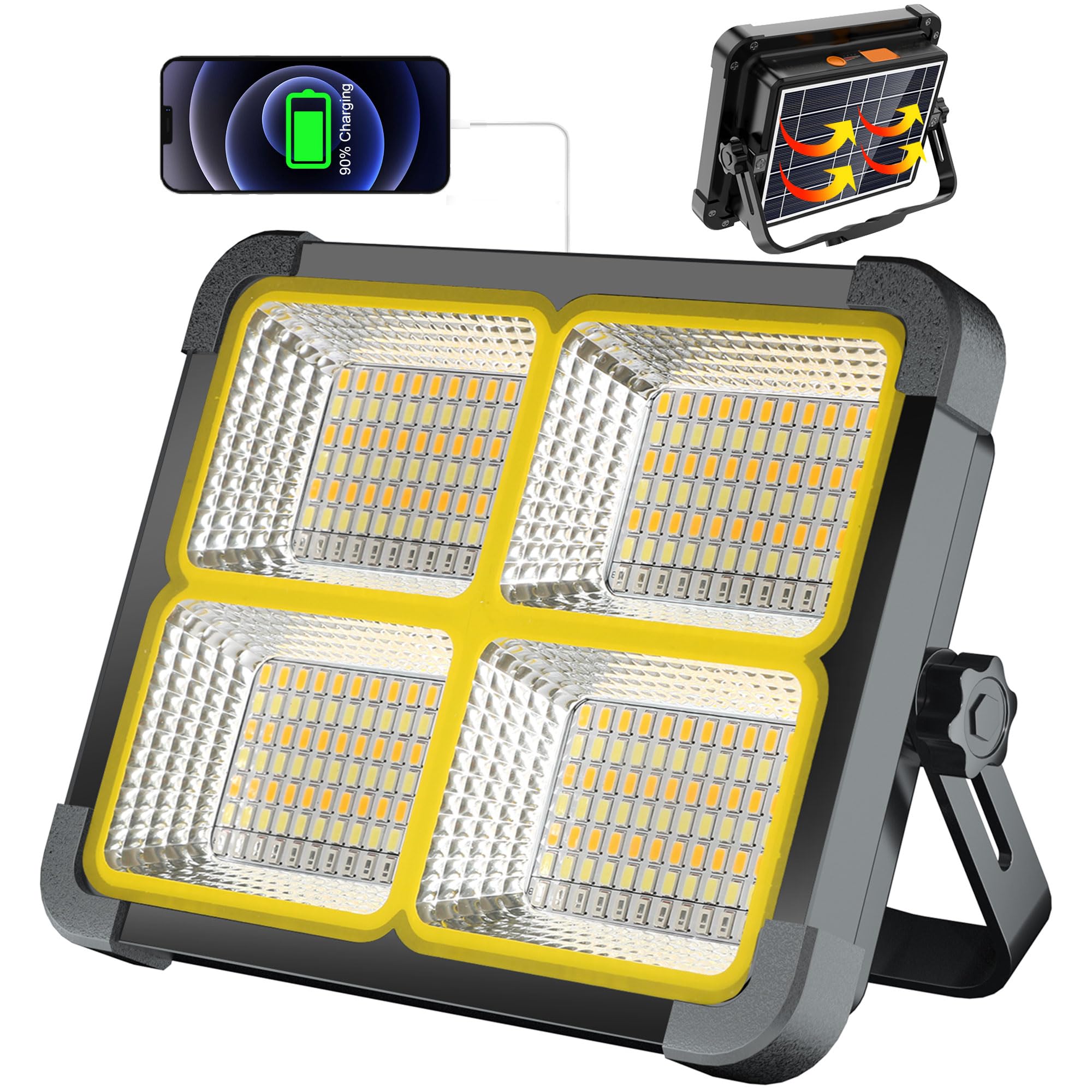 Rechargeable Work Light 100W, Solar Work Light 12000mAh, 4 Lighting Modes/Stepless Dimming, Portable for Camping, Car Repair, Po
