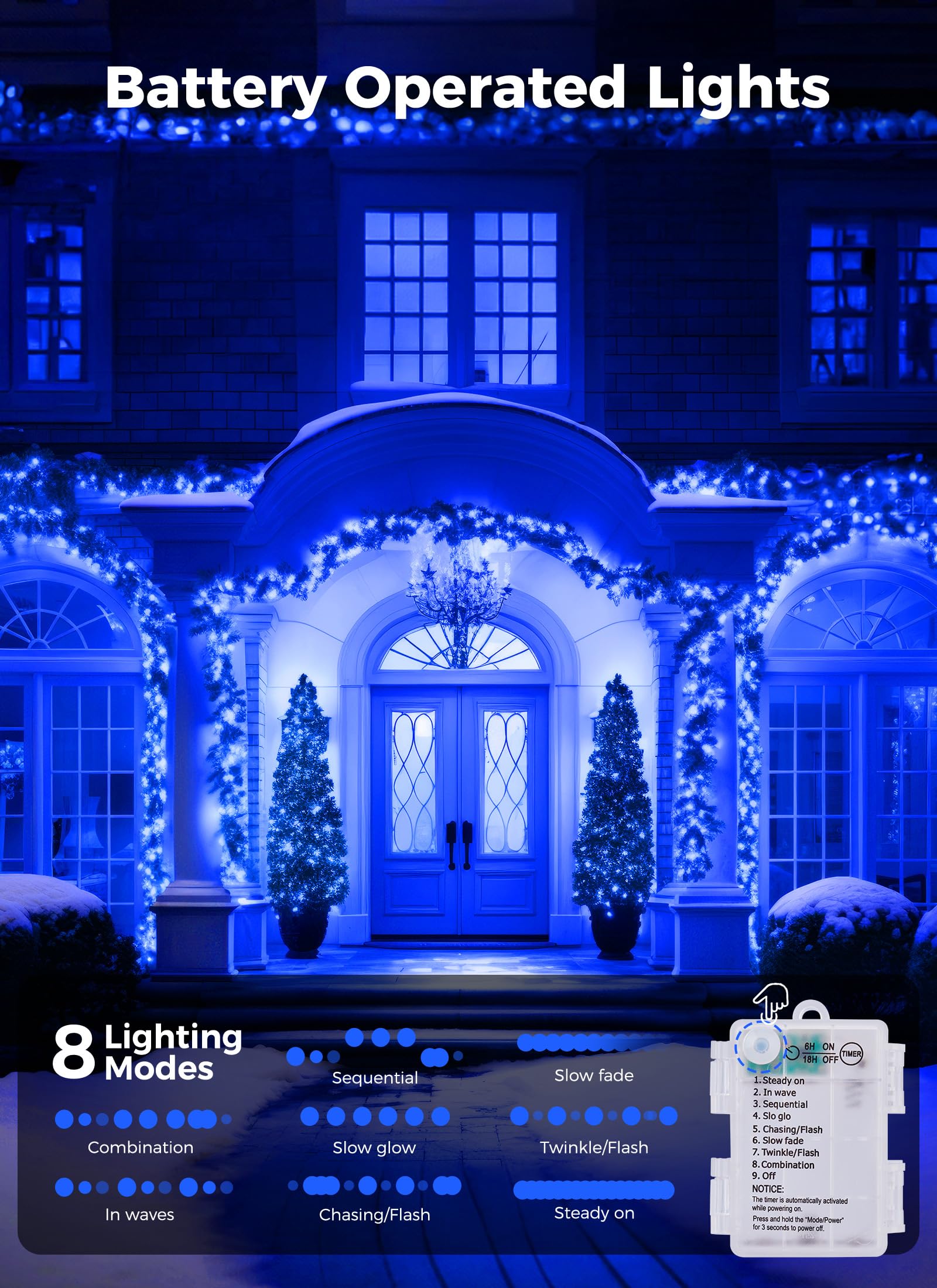 Minetom Christmas String Lights, 100 LED, 33FT, Battery Operated, Waterproof, 8 Modes, Blue, 2 Pack