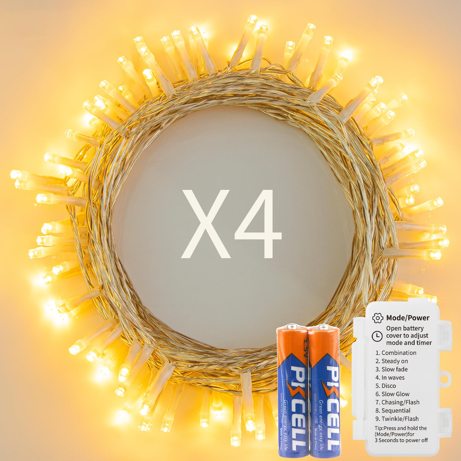 koopower 4 Pack 50 LEDs Warm White Fairy Lights, Waterproof String Lights (8pcs AA Batteries Included) for Garden and Patio Deco