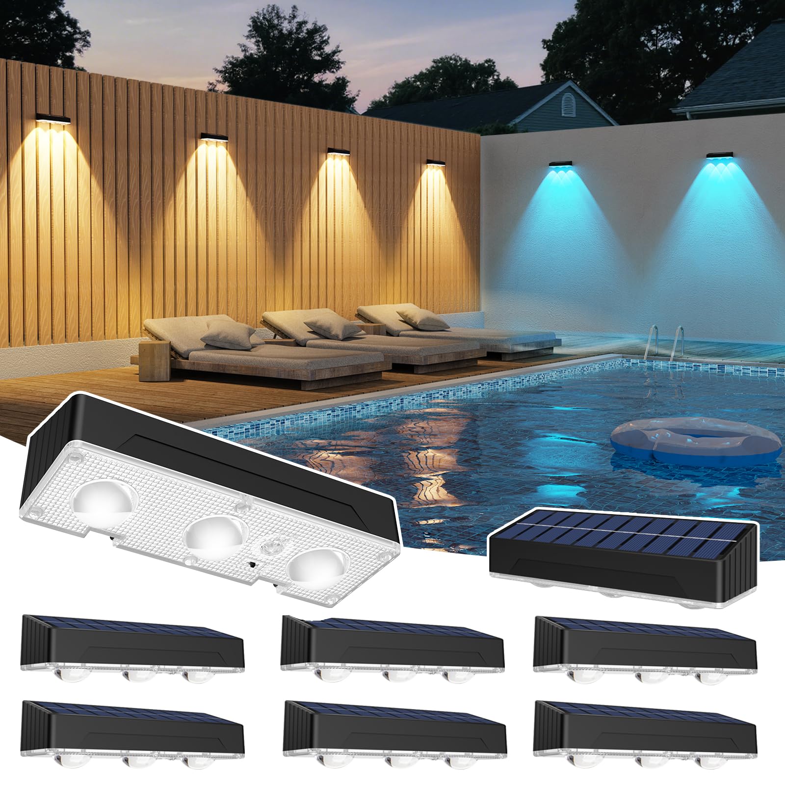 ZCXLIGHT Solar Fence Lights Outdoor,Solar Wall Lights Outdoor Warm/Cool White + RGB Color Changing for Wall,Patio,Backyard,Raili