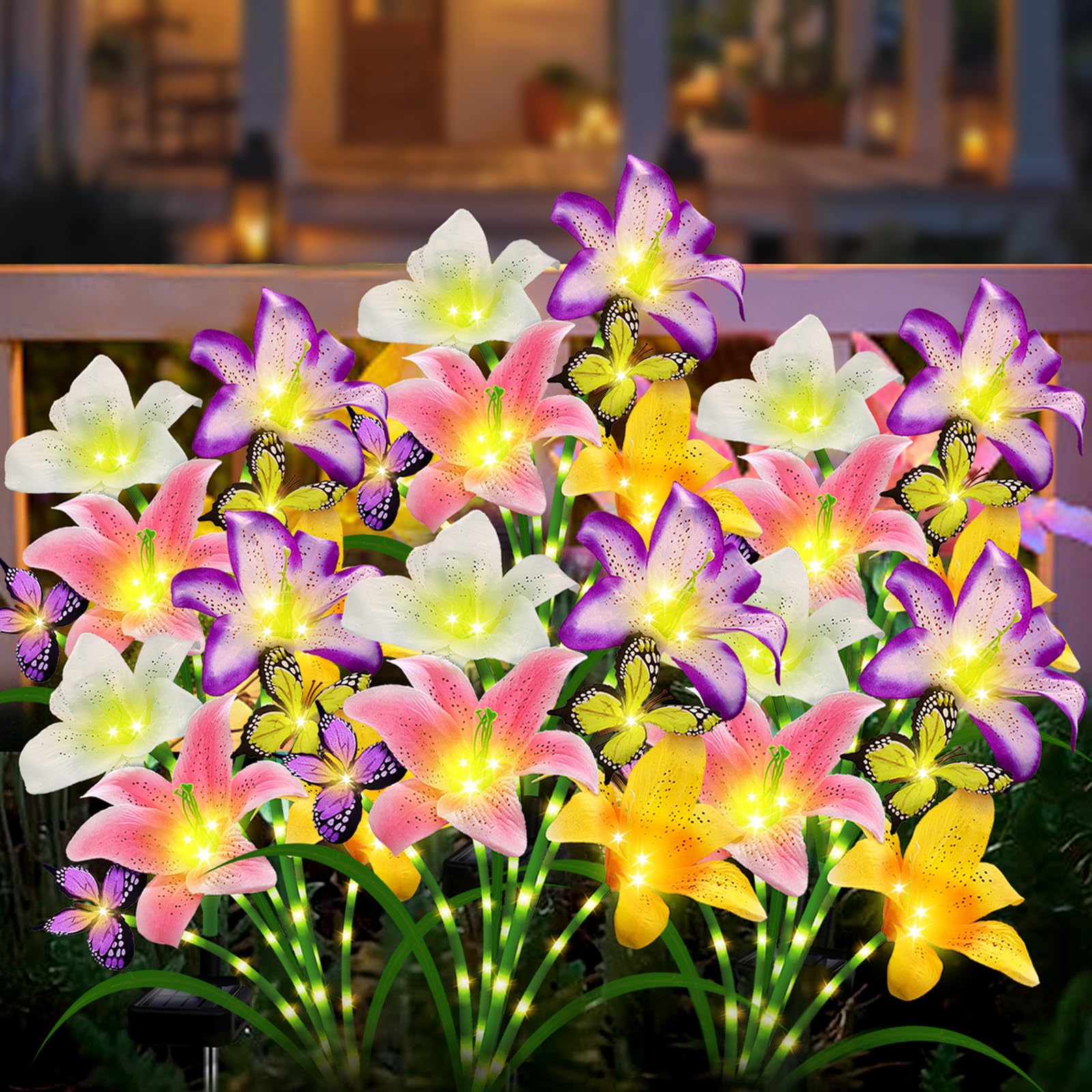 Angmln Solar Garden Lights 6 Pack 24 Lily Flowers With Butterfly Decor, Waterproof Solar Flower Lights For Outdoor - Upgraded De