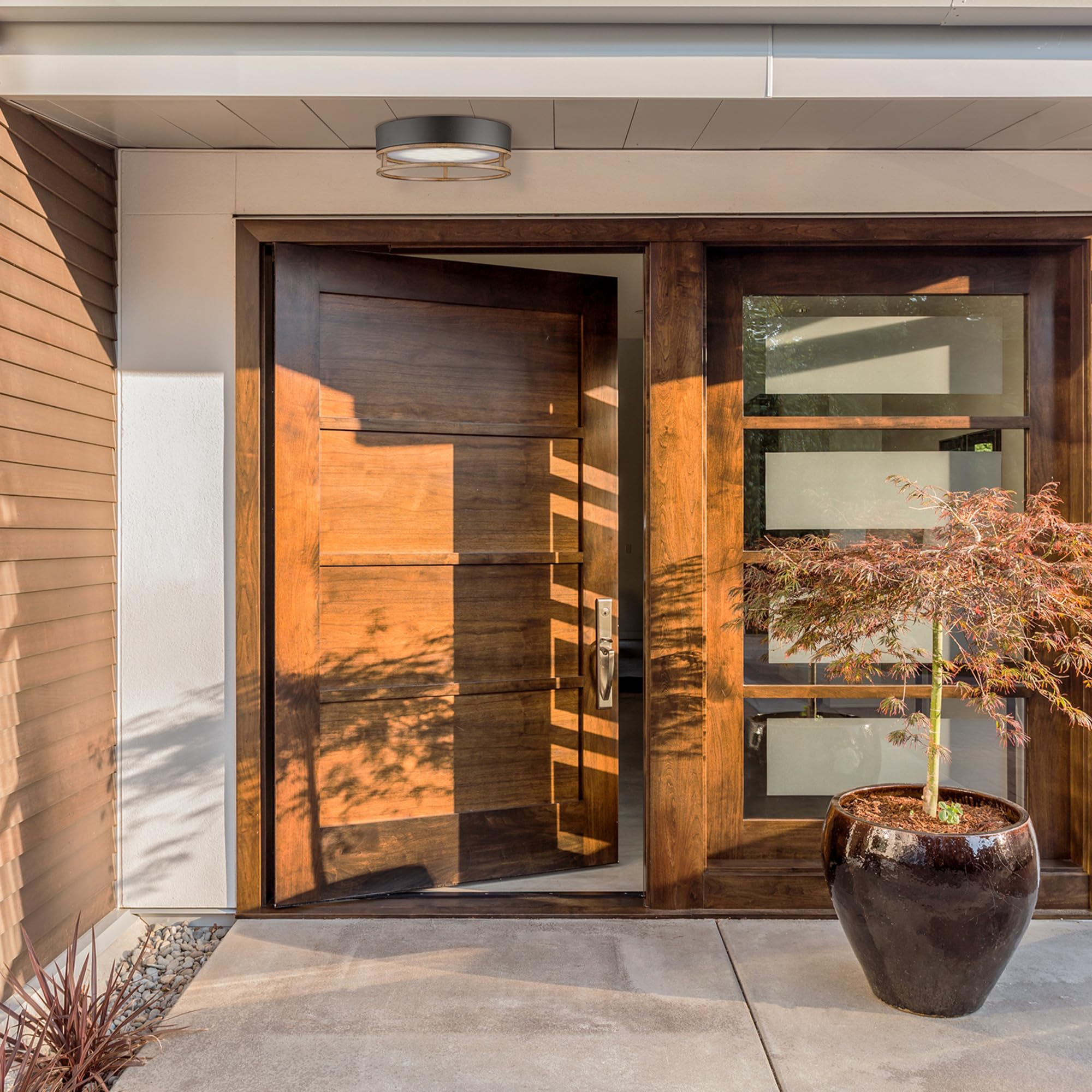 Globe Electric Ray 18.5W LED Flush Mount Ceiling Light, Matte Black, Faux Wood Accent, 800 Lumens, Model 44663