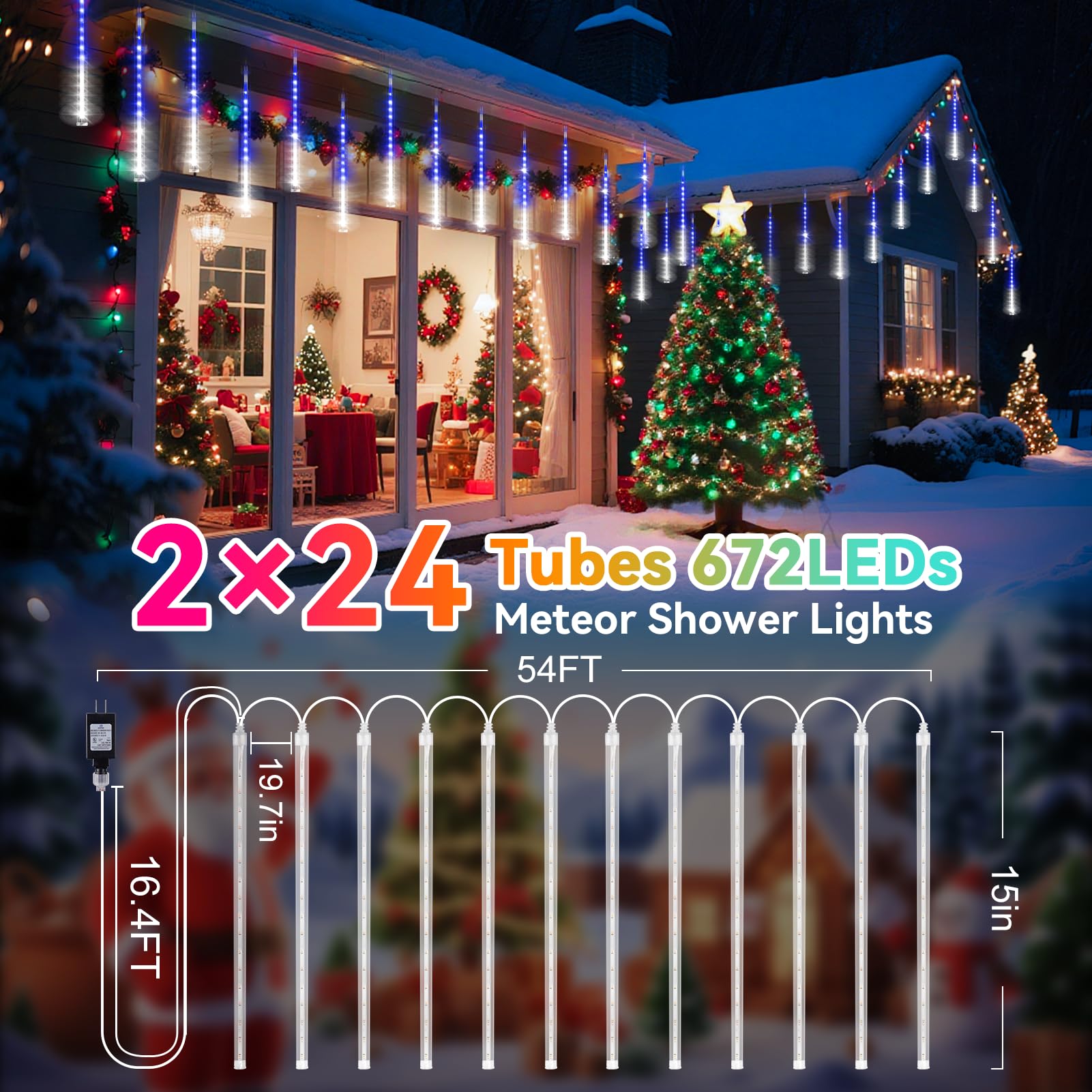 Knonew 2Pack Total 48 Tube Meteor Shower Lights 15 In 672 Leds Christmas Lights Outdoor Waterproof Plug In Falling Rain Light For Xmas Tree Wedding Party Garden Decorations (Blue And Cool White)