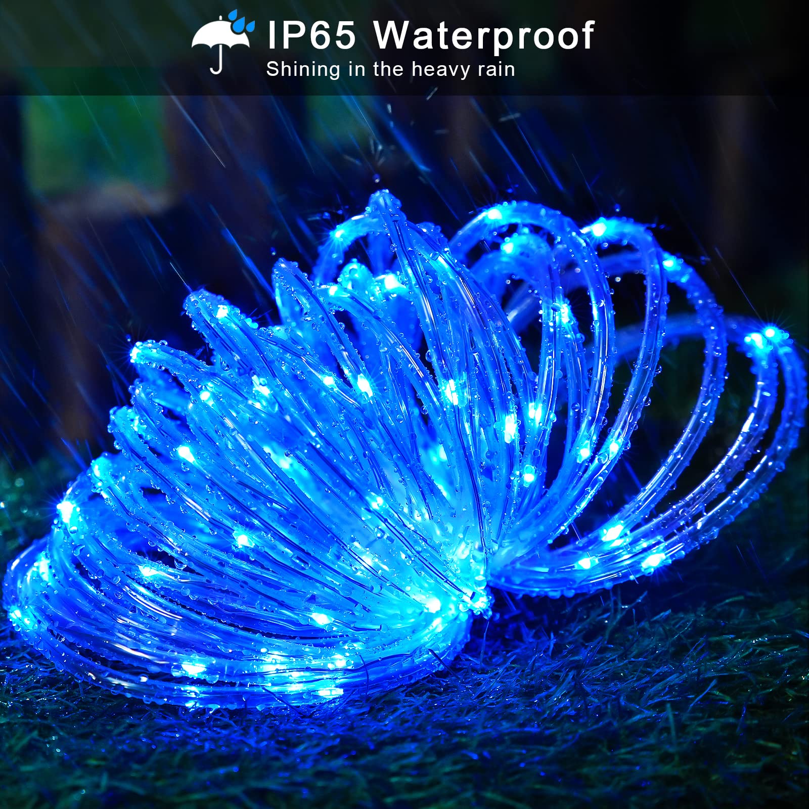Jmexsuss 200 Led Solar Rope Lights, Ip 65 Waterproof Led Rope Lights Outdoor With 8 Modes, 66Ft Pvc Tube Solar Christmas Fairy Lights For Christmas Trampoline Fence Yard Walkway Path Garden (Blue)