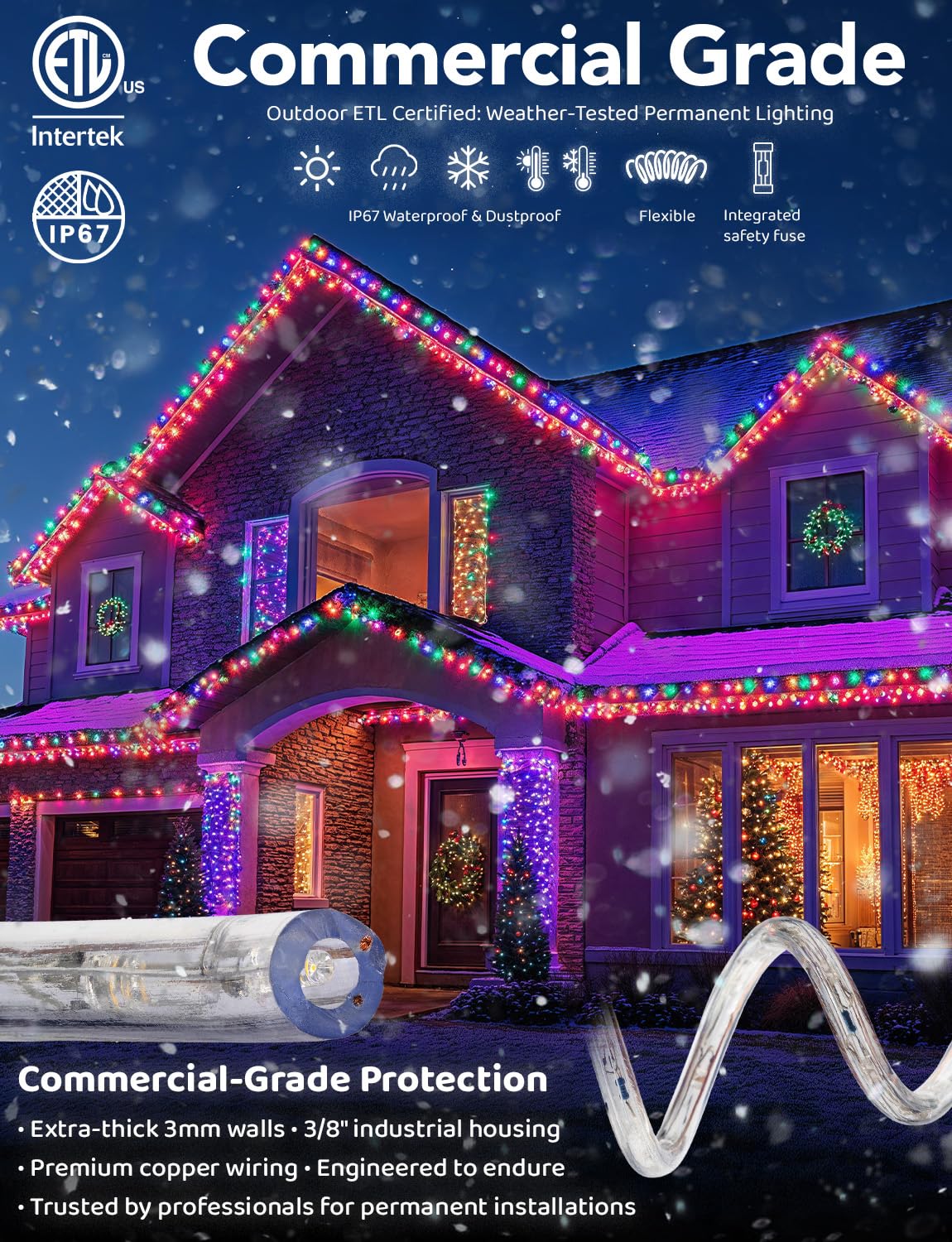 Wyzworks 108Leds 10Ft Led Outside Rope Lights, Outdoor Etl Certified Waterproof Permanent 360 Degree Light Emitting, Flexible Tube, Connectable, Christmas Palm Tree Exterior Landscape, Colorful