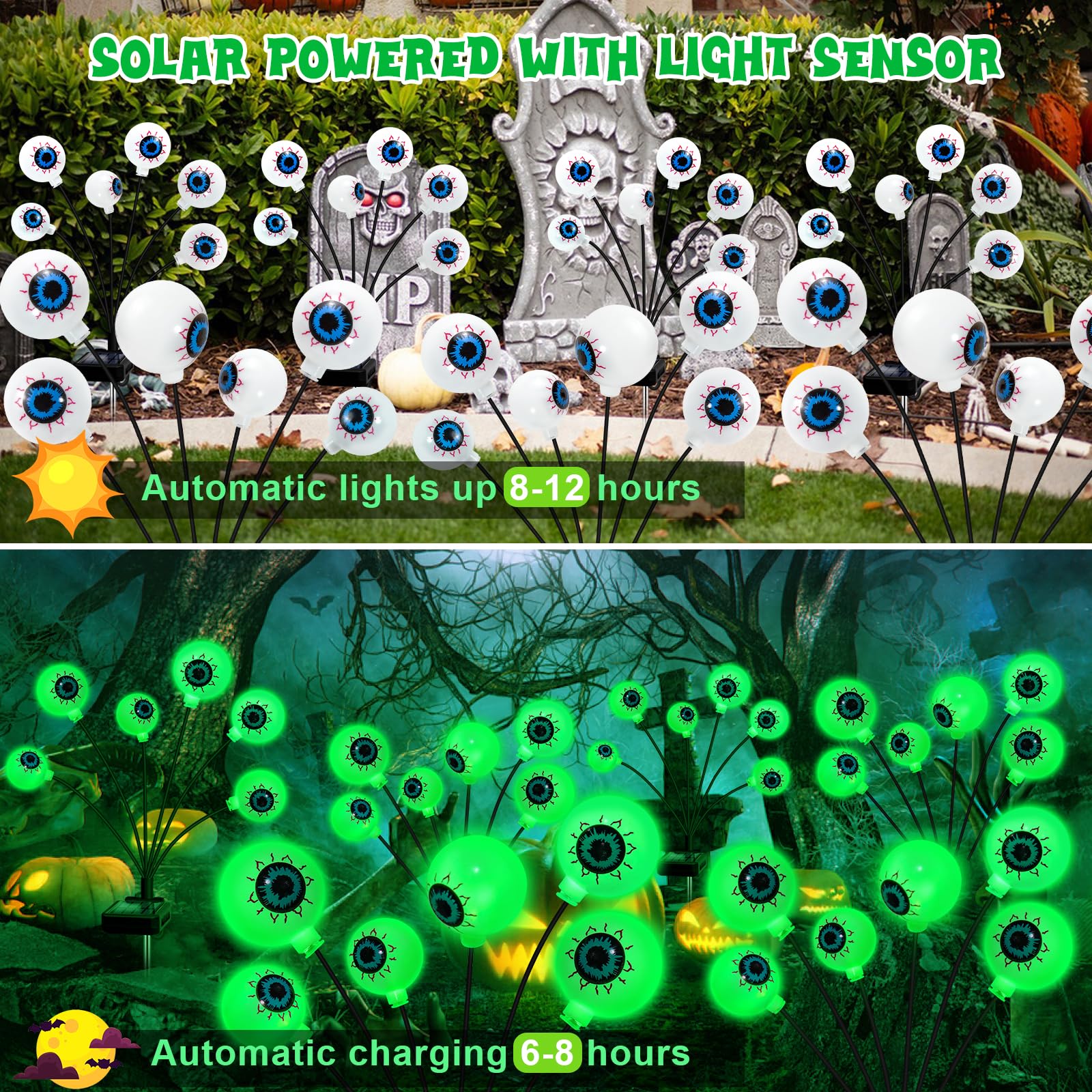 ZFNN Solar Eyeball Lights, 4 Pack 24 LED, Waterproof Outdoor Green Firefly Lights for Halloween Garden Patio Pathway