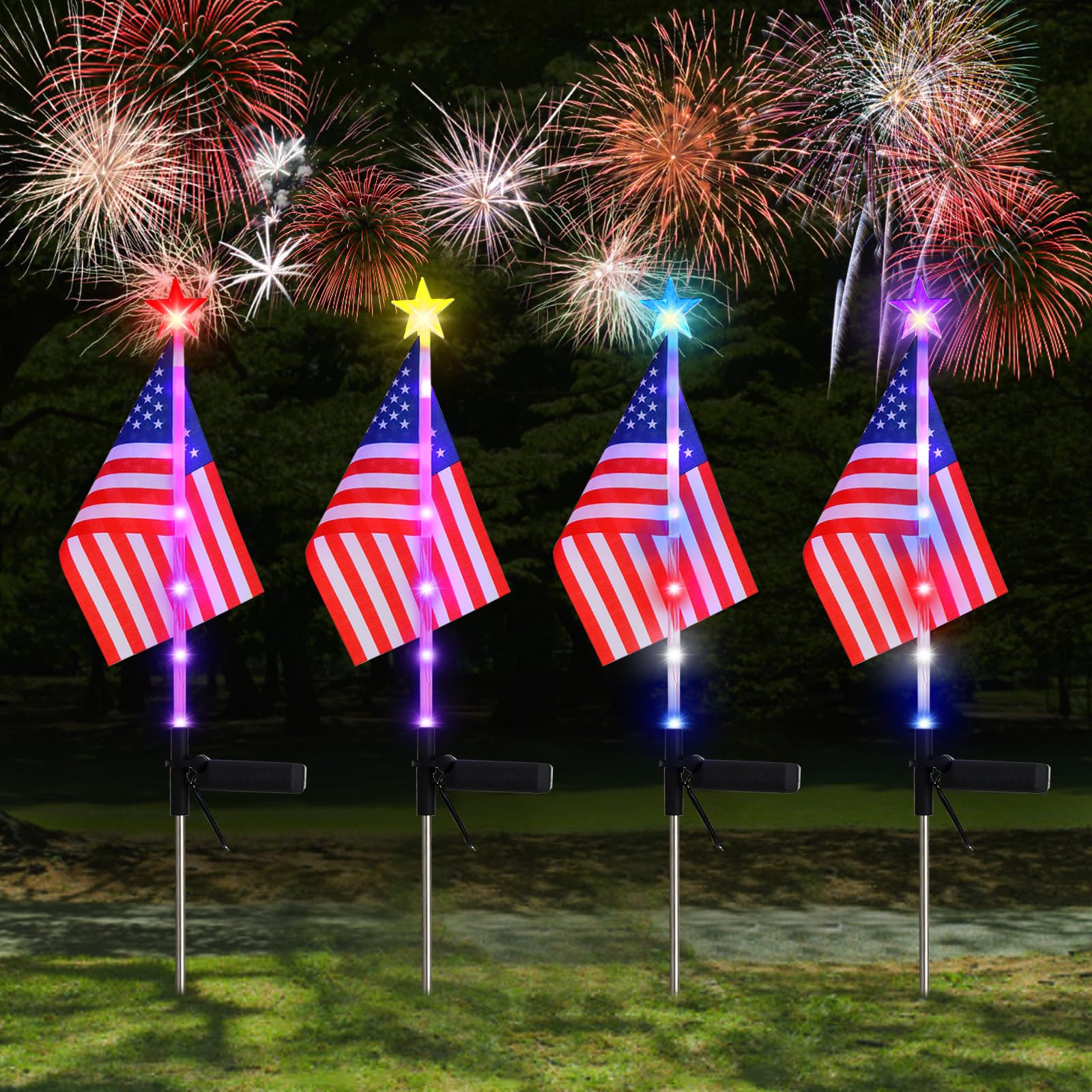 Kaitesla 4PCS Christmas American Flag Solar Patriotic Lawn Lights  Garden Stake LED Landscape Pathway Lights for Independence Day Memorial Day Decor(Color Changing-Star)