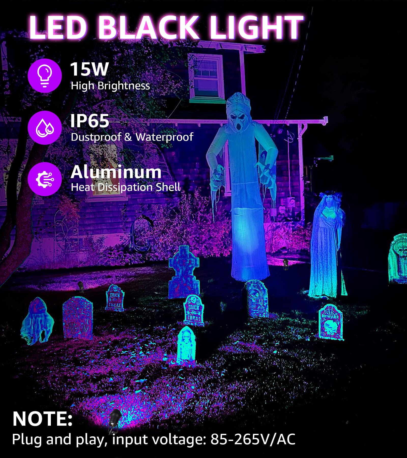 Urtom Halloween Black Light Spot Light Outdoor Blacklight Spotlight 15W Outdoor Black Light Waterproof Purple Blacklight Spotlight Outdoor Led Black Light For Glow Party Fluorescence Poster, 2 Pack