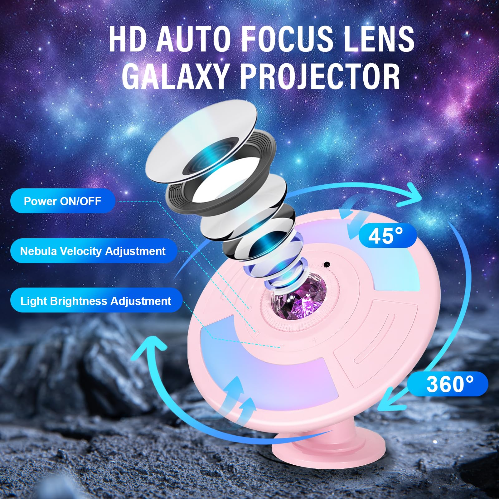 HASULL UFO Galaxy Projector Lamp - RGB Color-Changing, USB Charging, Auto Focus, Pink, Model zbc, Perfect for Kids' Room & Party Decor