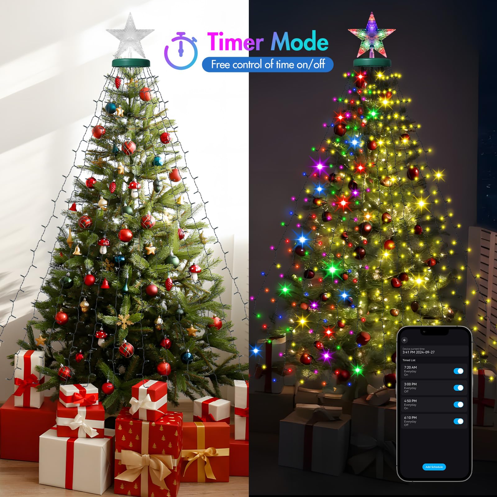 Smart Cascading Twinkle Lights For Christmas Tree, 410Led Christmas Tree Lights App Control Music Sync, 6.6Ft X 16 Lines String Lights For Indoor Outdoor Xmas Tree Decor, Warm White & Multicolor