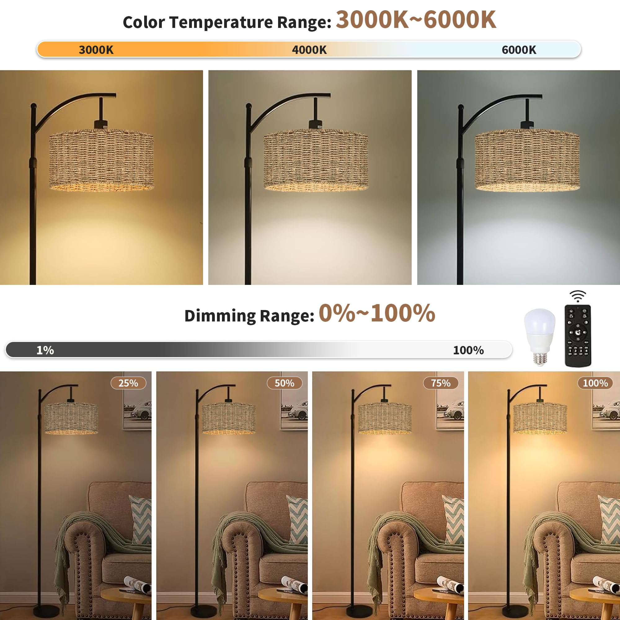 Arc Rattan Floor Lamp For Living Room With Remote,Black Floor Lamps With 3 Color Temperature Dimmable Bulb,Farmhouse Boho Standi