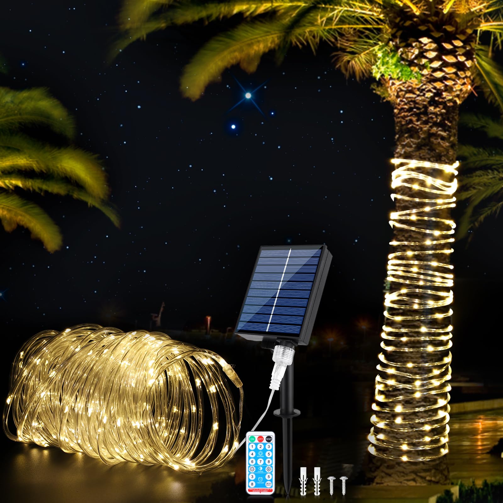 Wind Star Solar Rope Lights Outdoor, 72Ft 200 Led Solar Powered String Lights With Remote, 8 Modes Ip67 Waterproof Tube Lights Decorative For Yard Garden Fence Party Camping Wedding, Warm White