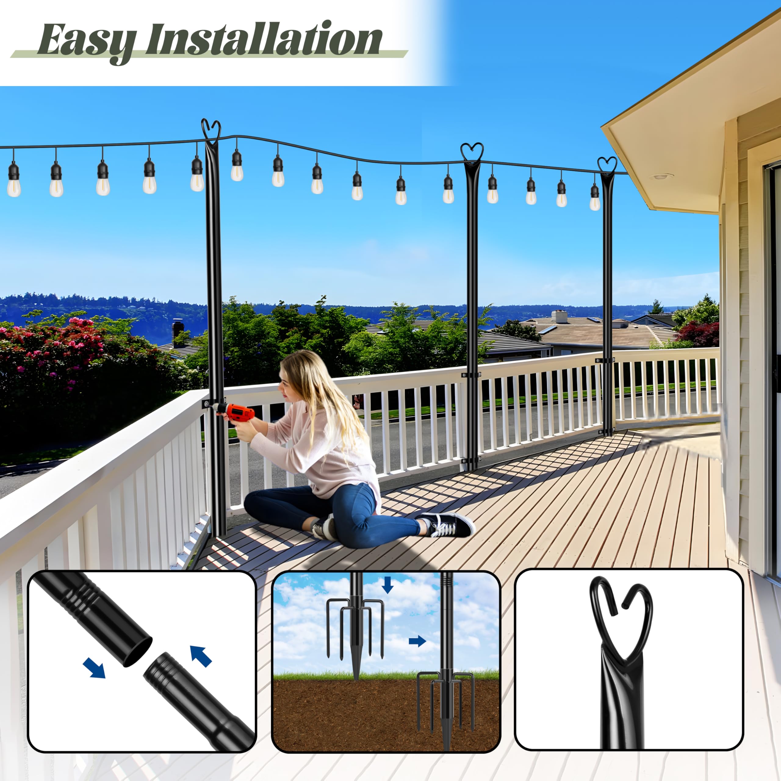 Xdw-Gifts String Light Poles With Fork For Outdoor, 4 Pack 9.8 Ft Tall Metal Posts For Hanging String Lights Patio, Yard, Deck L