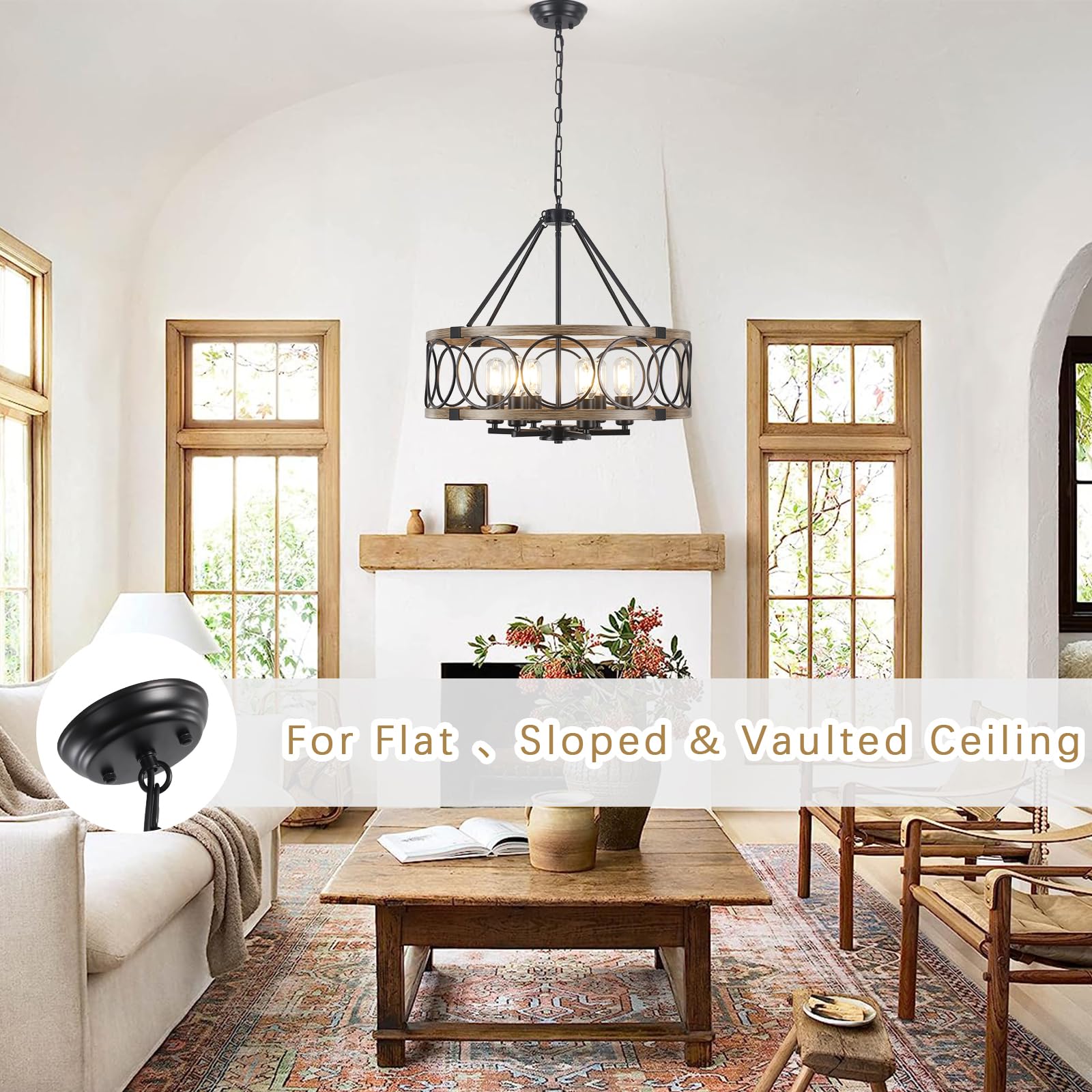 ZCHAOZ Farmhouse Chandelier, 6 Lights, 21.65" Black Drum Pendant Lighting for Dining Room, Kitchen Island, Foyer - Model D00129