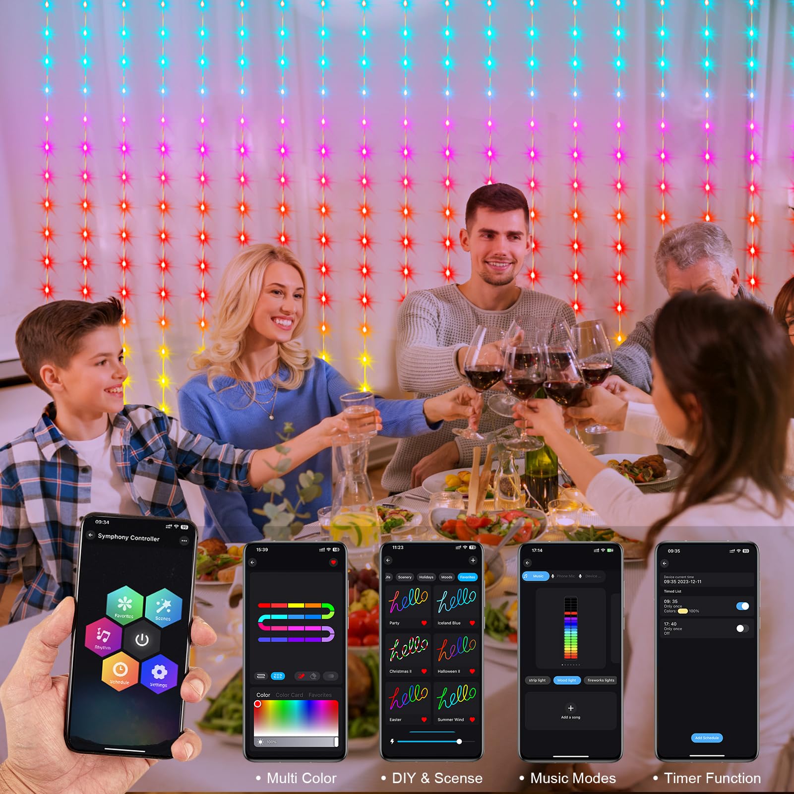 Echosari Smart Curtain Lights 5050 Rgb Built In Chip, 300 Led 16 Million Colors Diy Curtain Lights With Remote/App Rainbow Curta