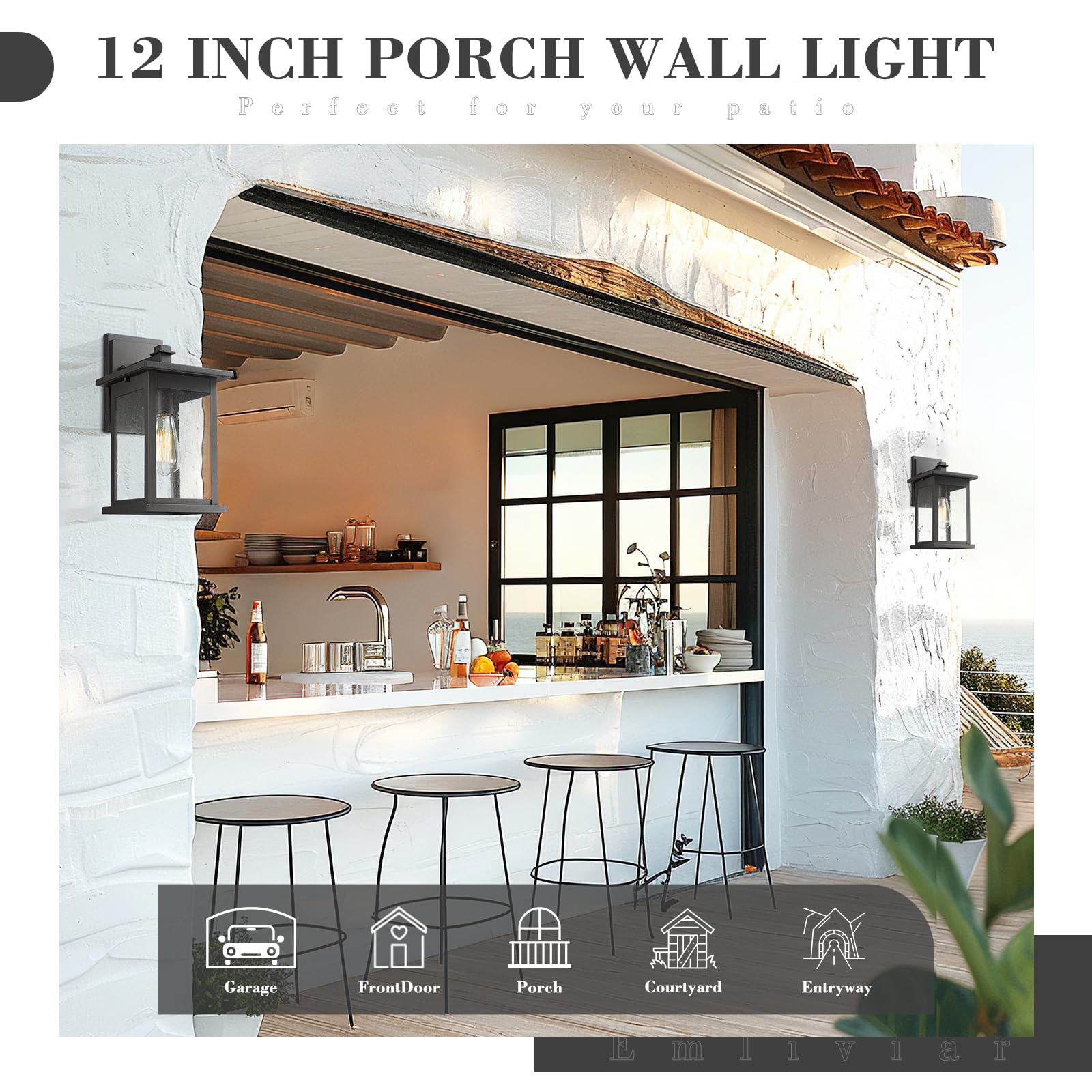 Emliviar 2 Pack Outdoor Wall Mount Lights, Black Lanterns With Clear Seeded Glass