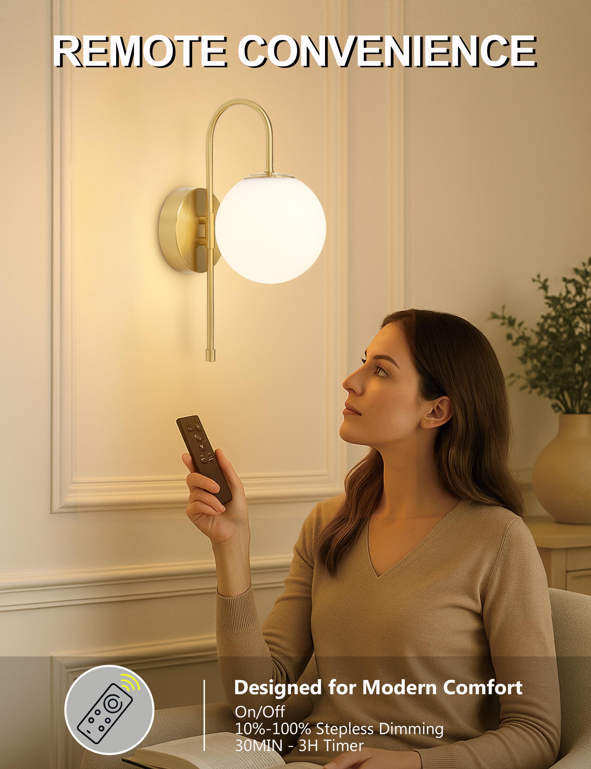 MSTETO Battery Operated Wall Sconces Set of 2, Wireless Gold Glass Lights with Remote, Rechargeable Dimming Gooseneck for Bedroom & Living Room