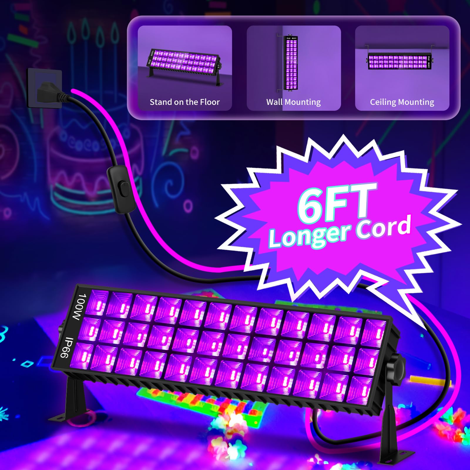 Isuerfy 100W Black Light Bar - Ip66 Waterproof Led, 3 Count, 6Ft Cord, Ideal For Outdoor Neon Glow Parties, Model Isuerfy-Blb100