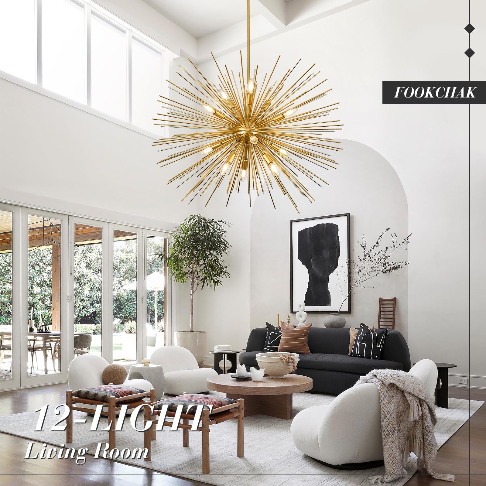 FookChak 35in Gold Sputnik Chandelier, 12-Light Mid-Century Modern Metal Fixture for High Ceilings, Model 900G