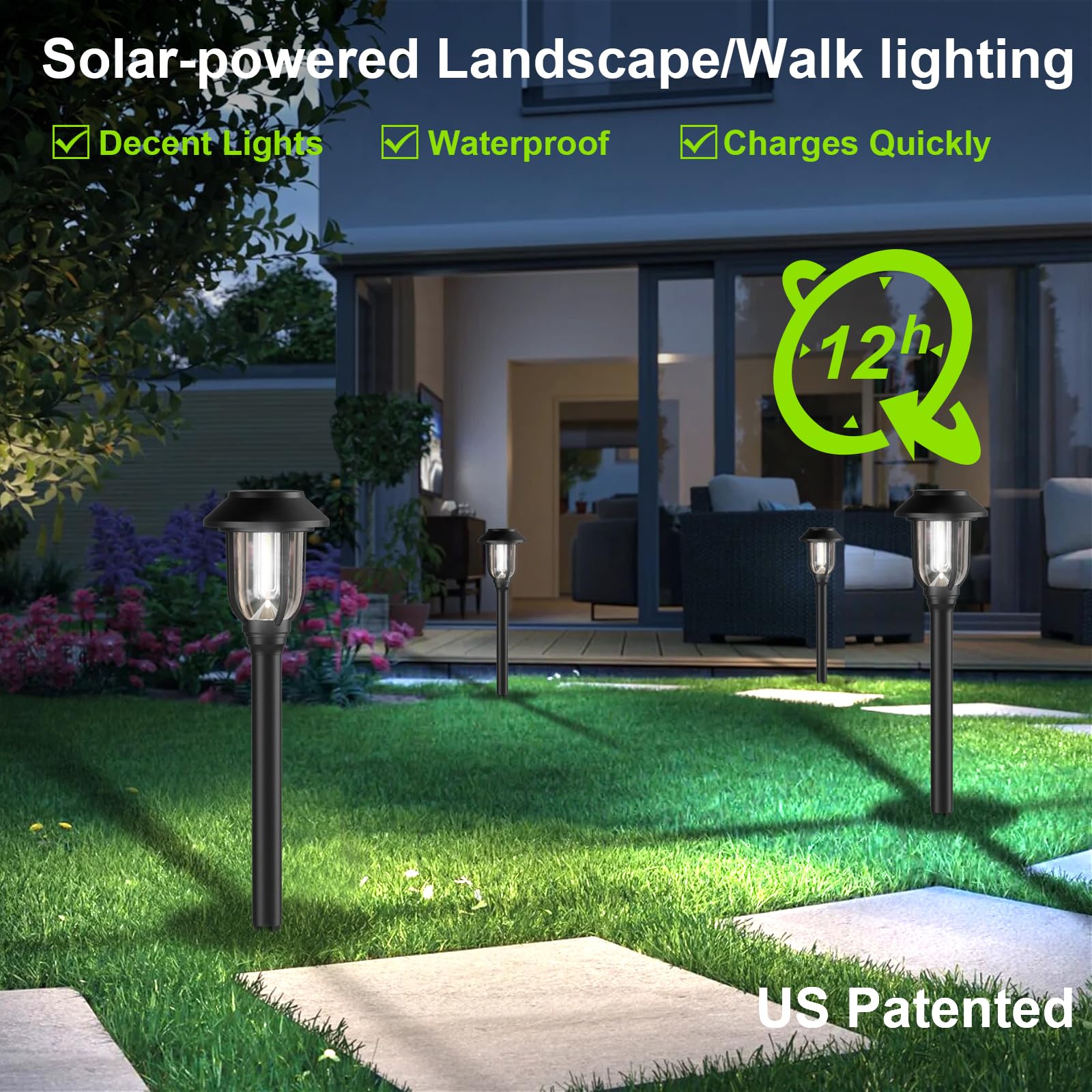 ILANCK 12 Pack Solar Pathway Lights, 6000K White, Waterproof, Auto On/Off, Heavy-duty ABS, Model 64B-6000KONE, for Yard &