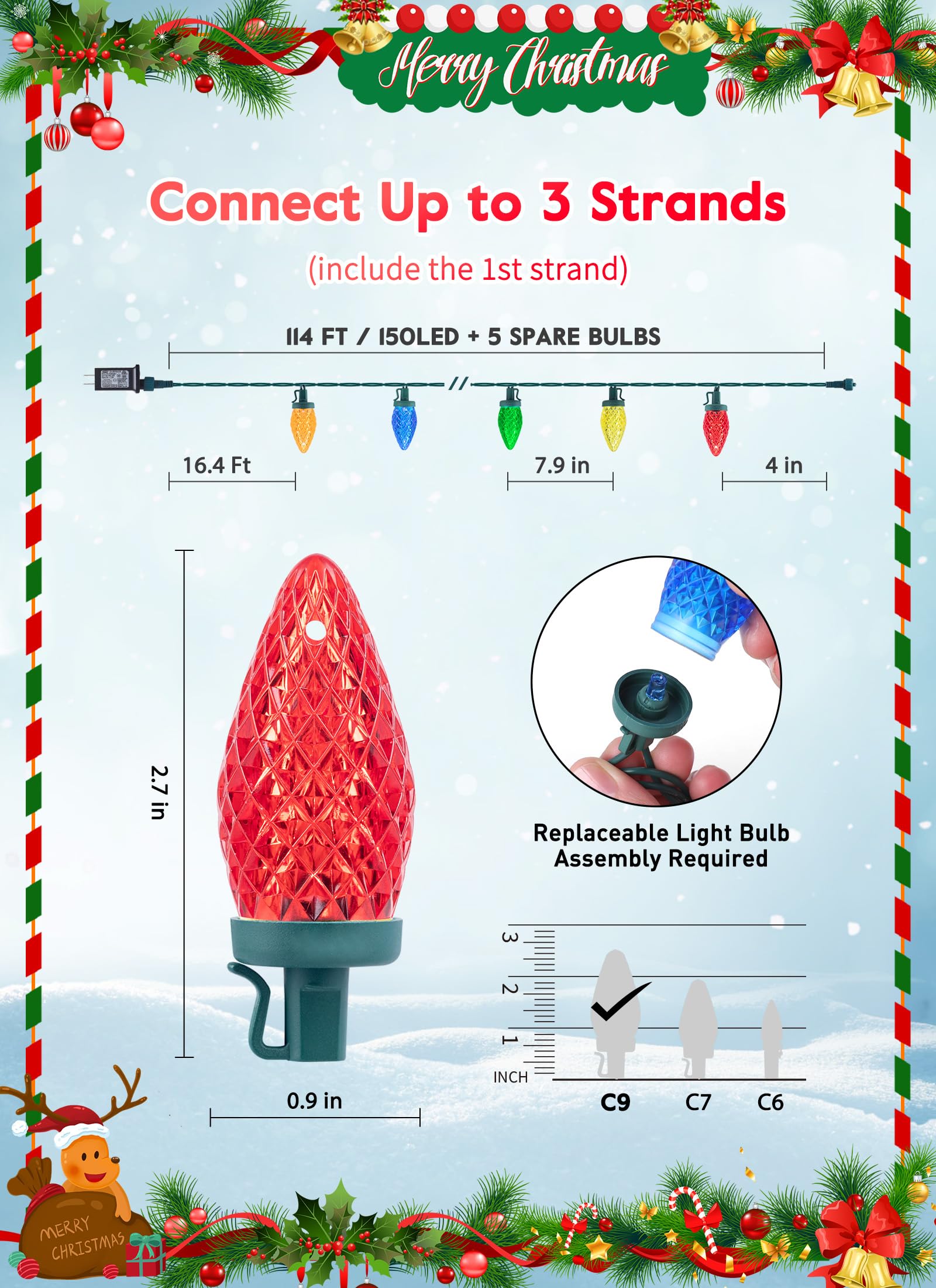 C9 Christmas Lights Outdoor  114 Feet 150 Led C9 String Lights With Timer & 8 Light Modes  Waterproof Commercial Grade Connectable Christmas Tree Lights For Indoor Outside Roofline Patio  Multicolor