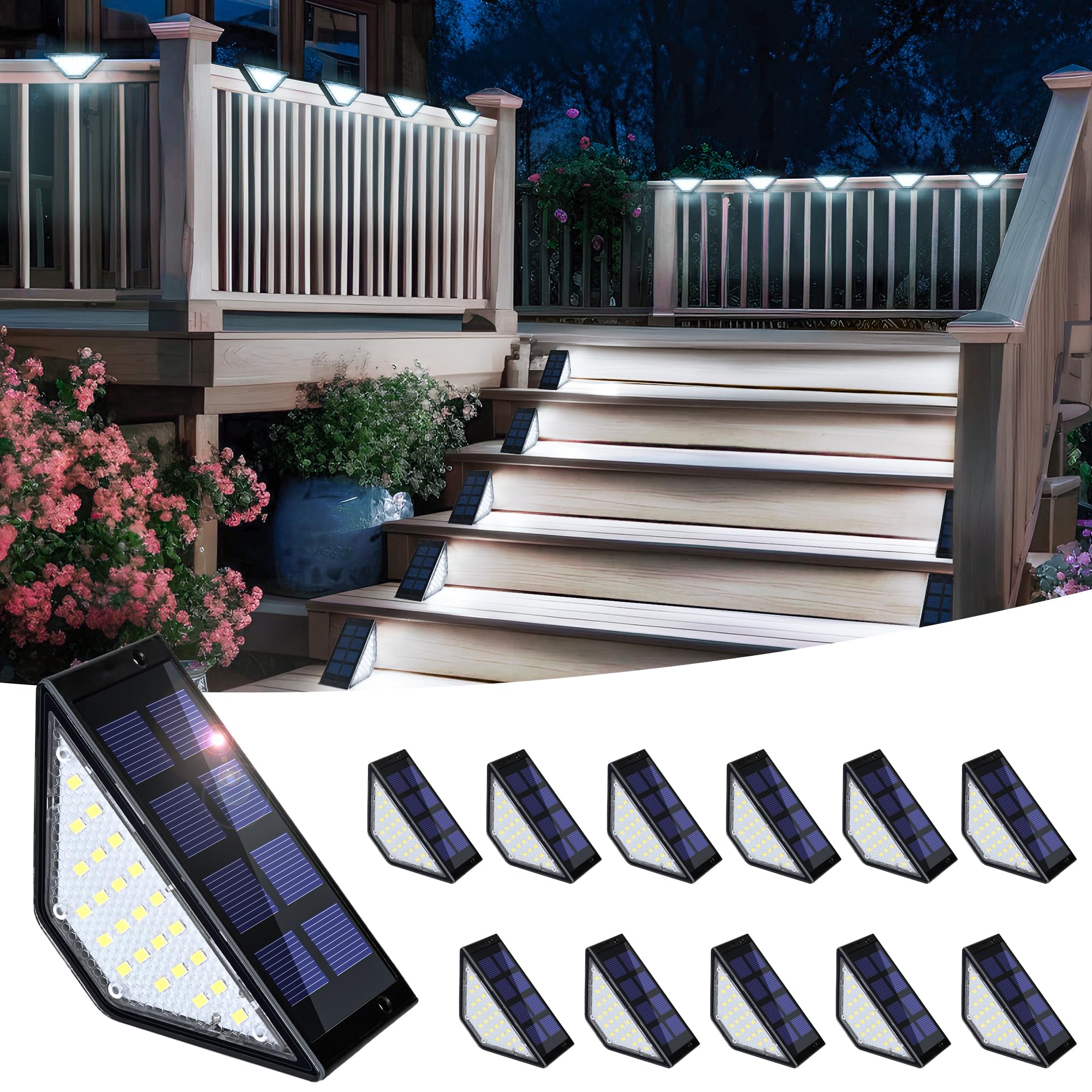 SOLPEX Solar Step Lights, 24 LEDs Waterproof Outdoor Lights, 12 Pack, Cold White, Model 8879, for Porch, Stair, Garden, Deck