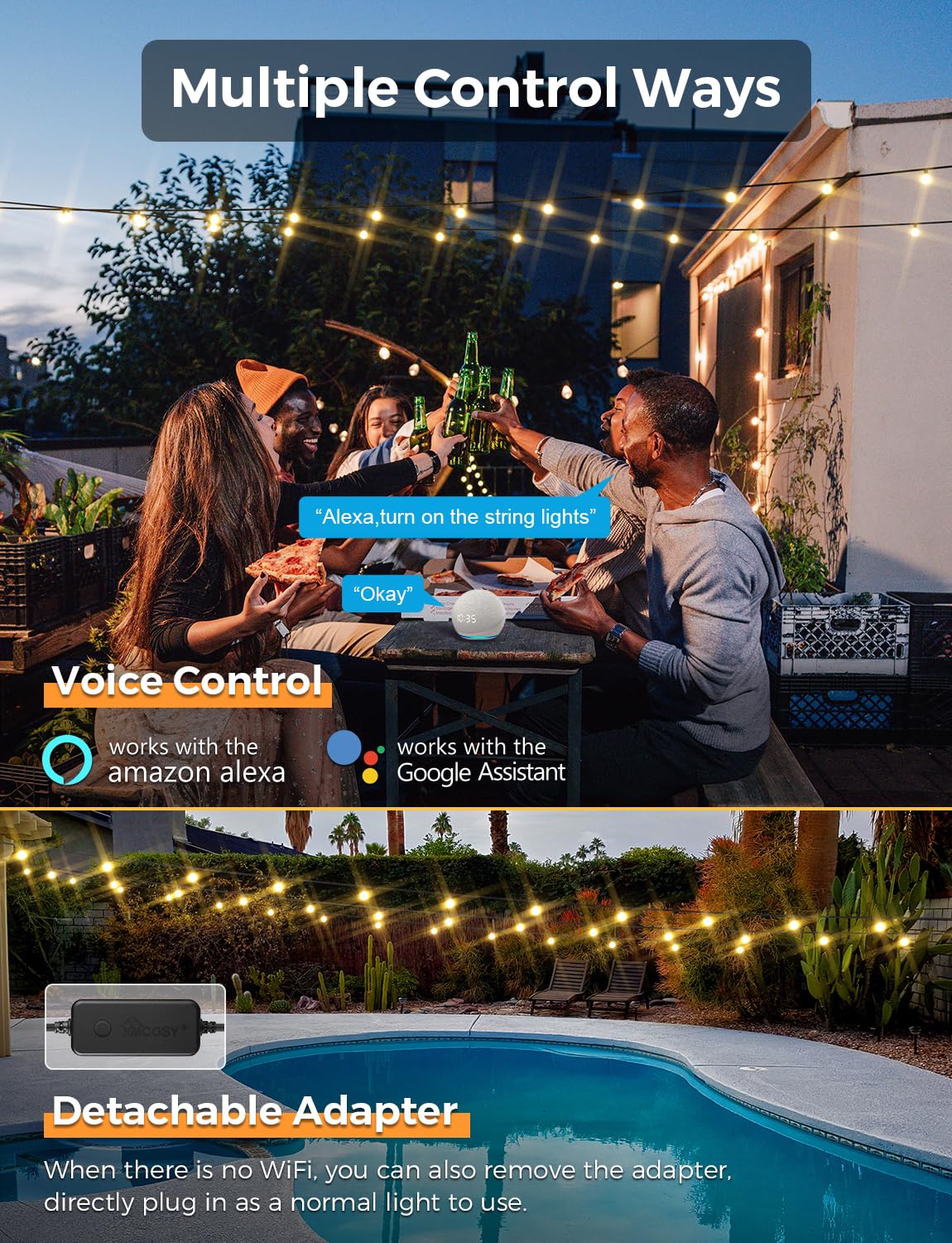 XMCOSY+ Smart Outdoor String Lights, 75Ft, 34 Dimmable LED Bulbs, WiFi & APP Control, Waterproof, White, Model IL-120V-60W