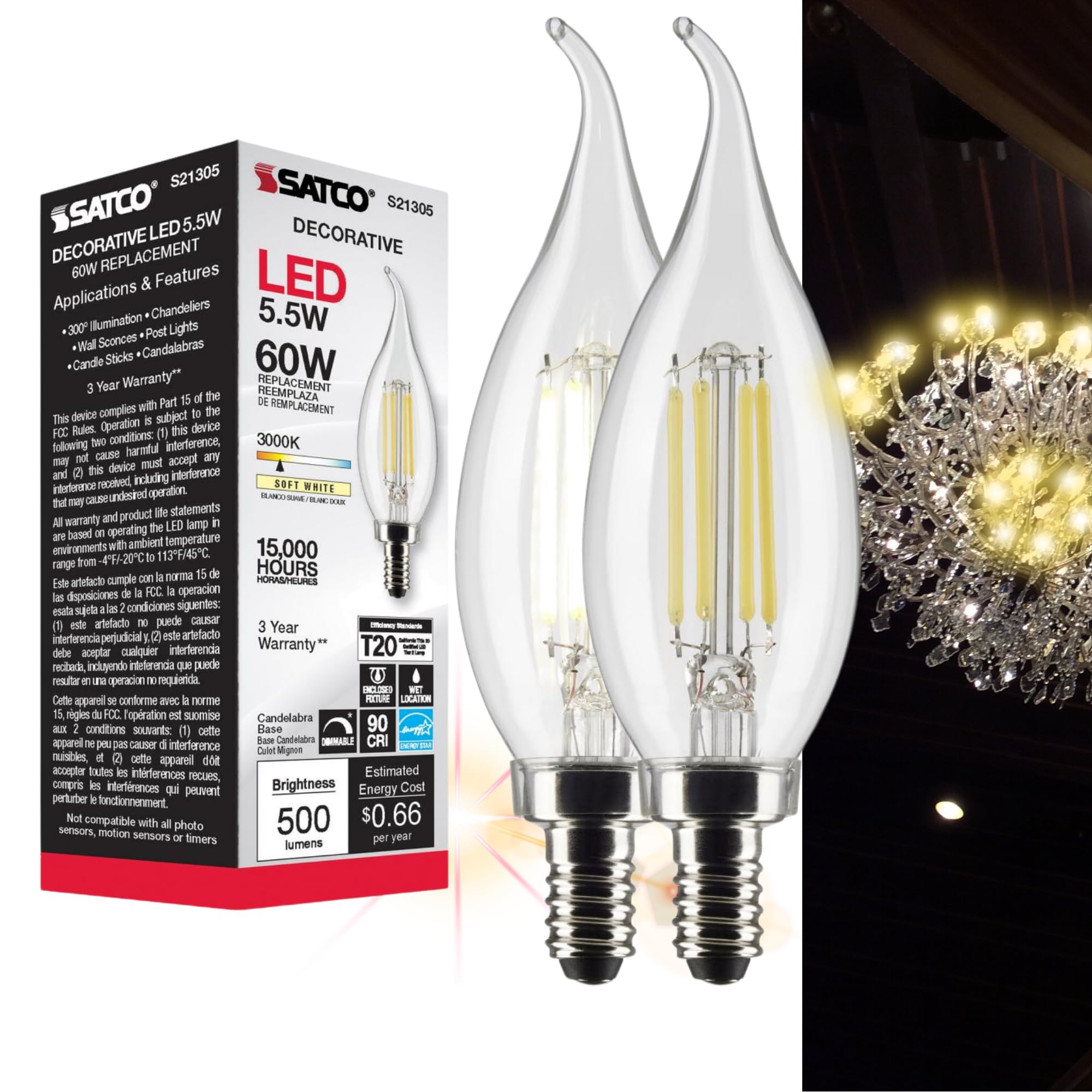 Satco 5.5Ca10/Led/930/Cl/120V/E12 - Part Number S21305-5.5 Watt Led Candelabra Bulb With Clear Finish, 90 Cri, 3000K Soft White,