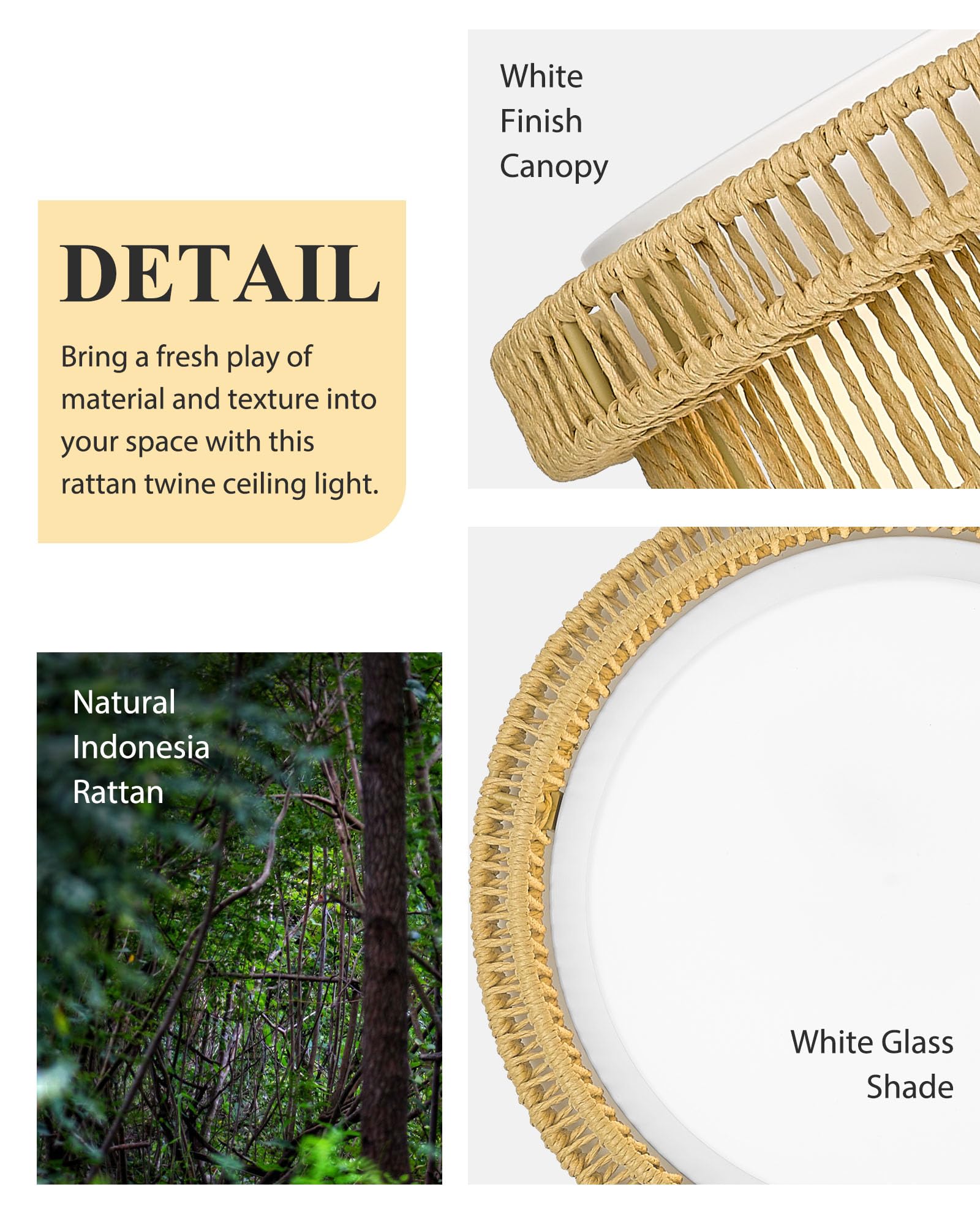 HWH INVESTMENT Boho Ceiling Light Fixture, 18in  Rattan, Remote Control, 36W LED, Beige, Model 5HYS78LF-LED