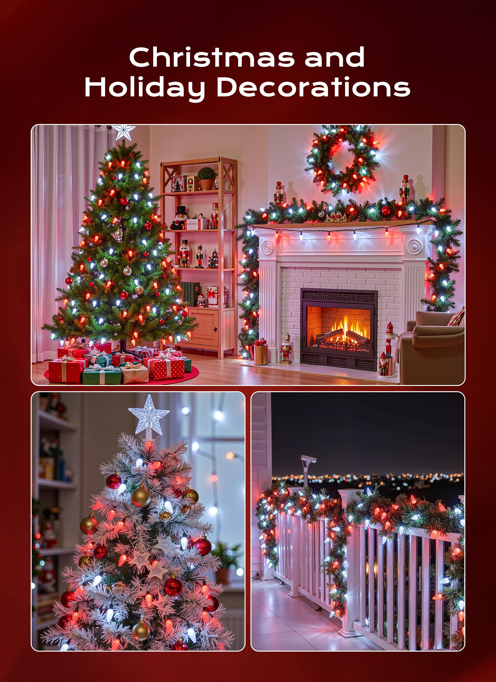 C9 Christmas Lights Outdoor  66 Ft 100 Led Connectable C9 String Lights With 8 Modes And Timer Xmas Tree Patio Roofline Garden Yard Holiday Party Indoor Outdoor Decoration  Red And White