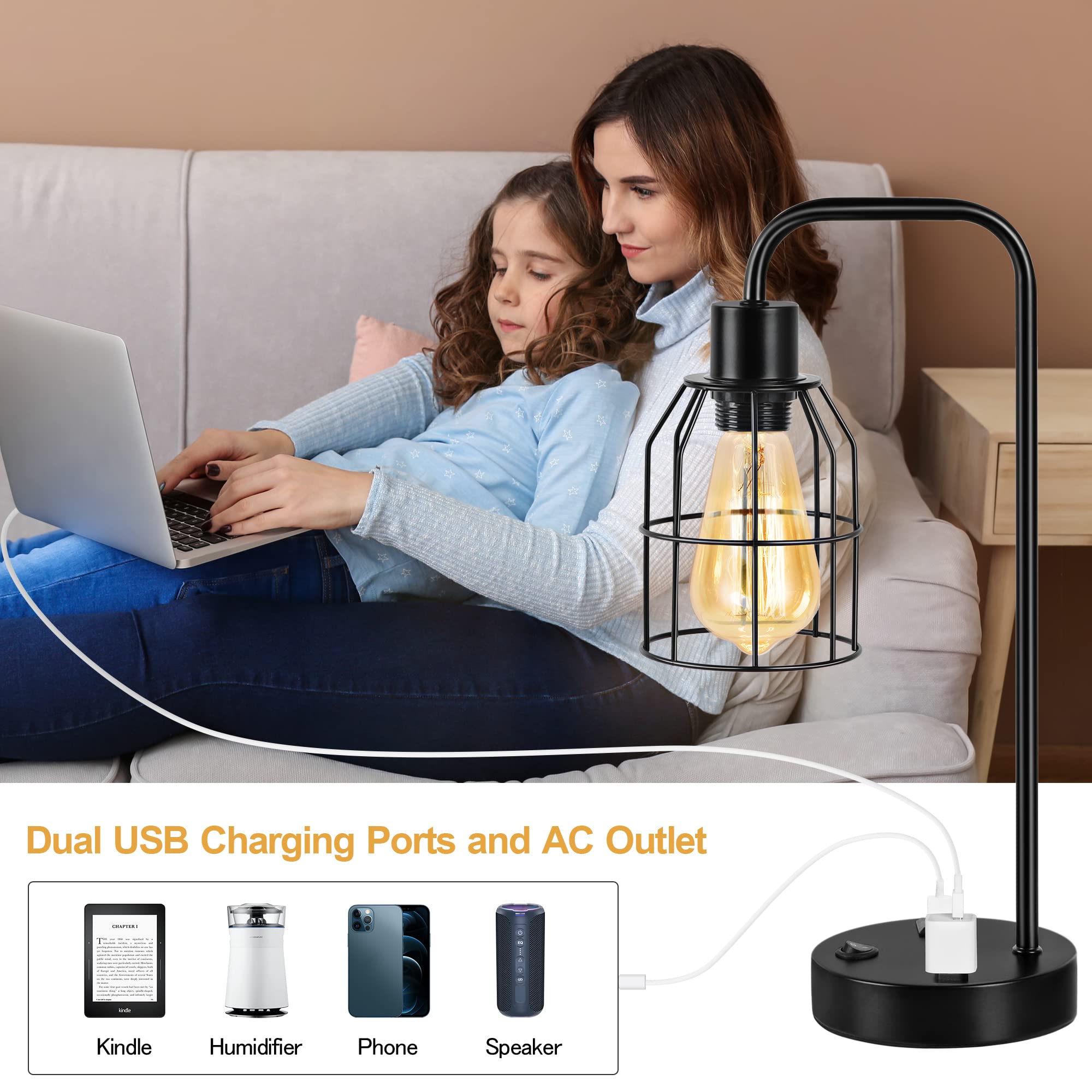 BTY Industrial Table Lamp Set of 2 with USB Charging Ports, Metal Wire Cage, Black, CAGE 3, for Bedroom Living Room