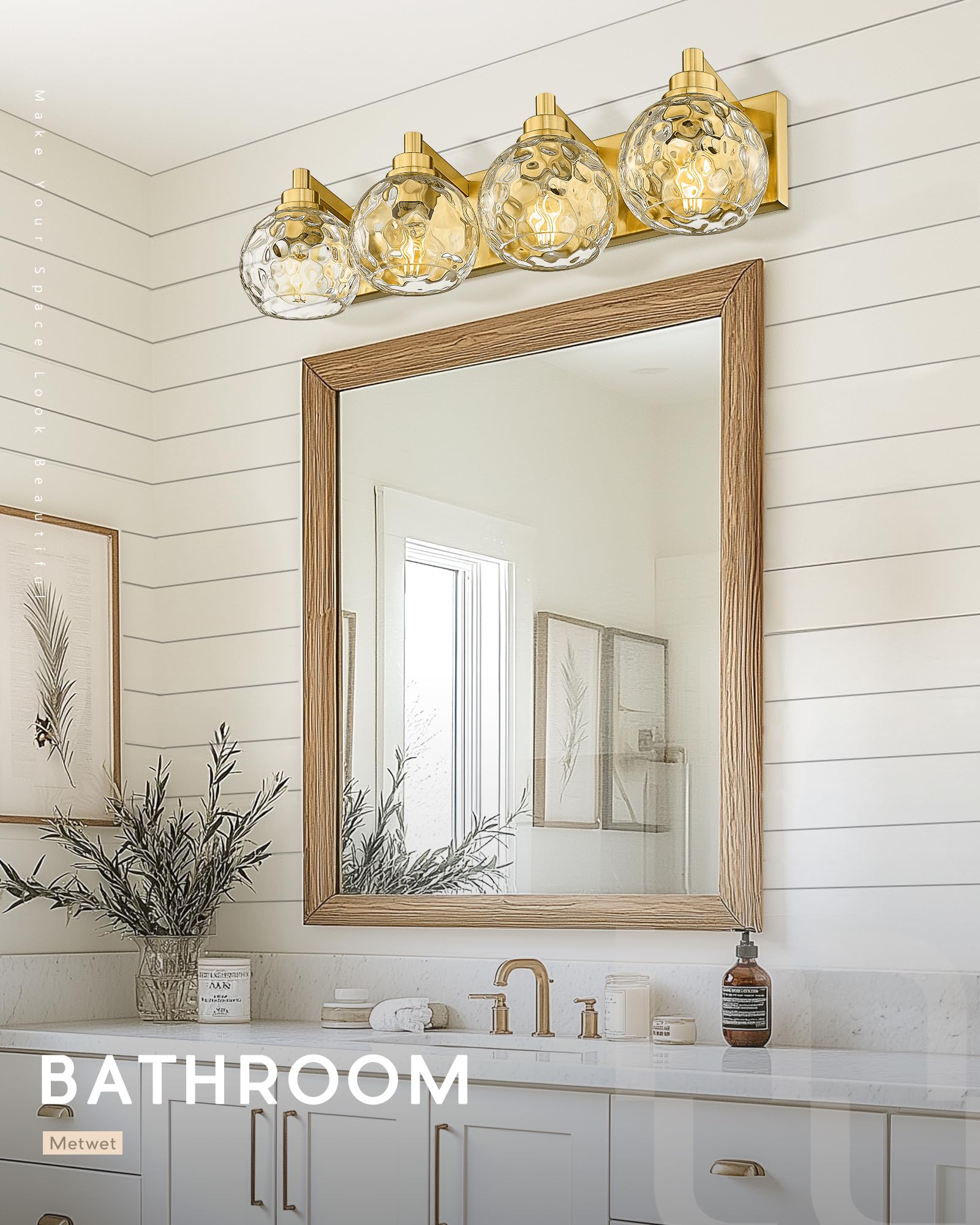 METWET 4-Light Bathroom Vanity Light Fixture, Brushed Gold with Clear Hammered Glass Shade, Model VL200-BG-CL-4