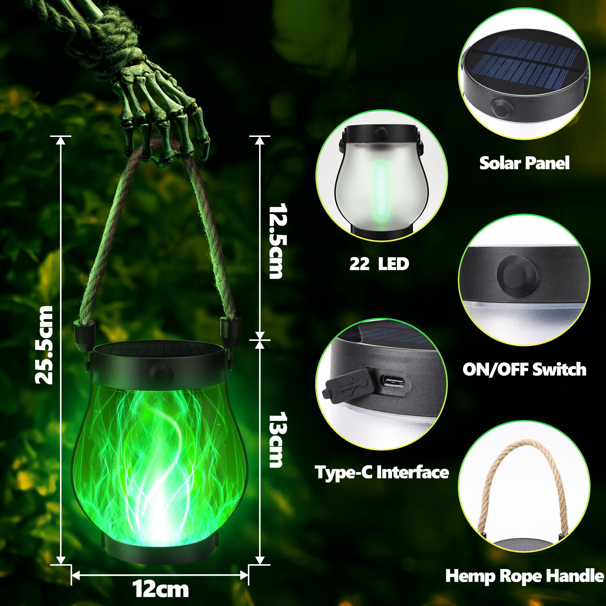 Ibaycon 2 Pack Solar Lanterns Lights  Halloween Flickering Flame Garden Lights With 2 Modes Dual Charging Usb & Solar  Outdoor Waterproof Hanging Lantern For Party Holiday Halloween Decor (Green)