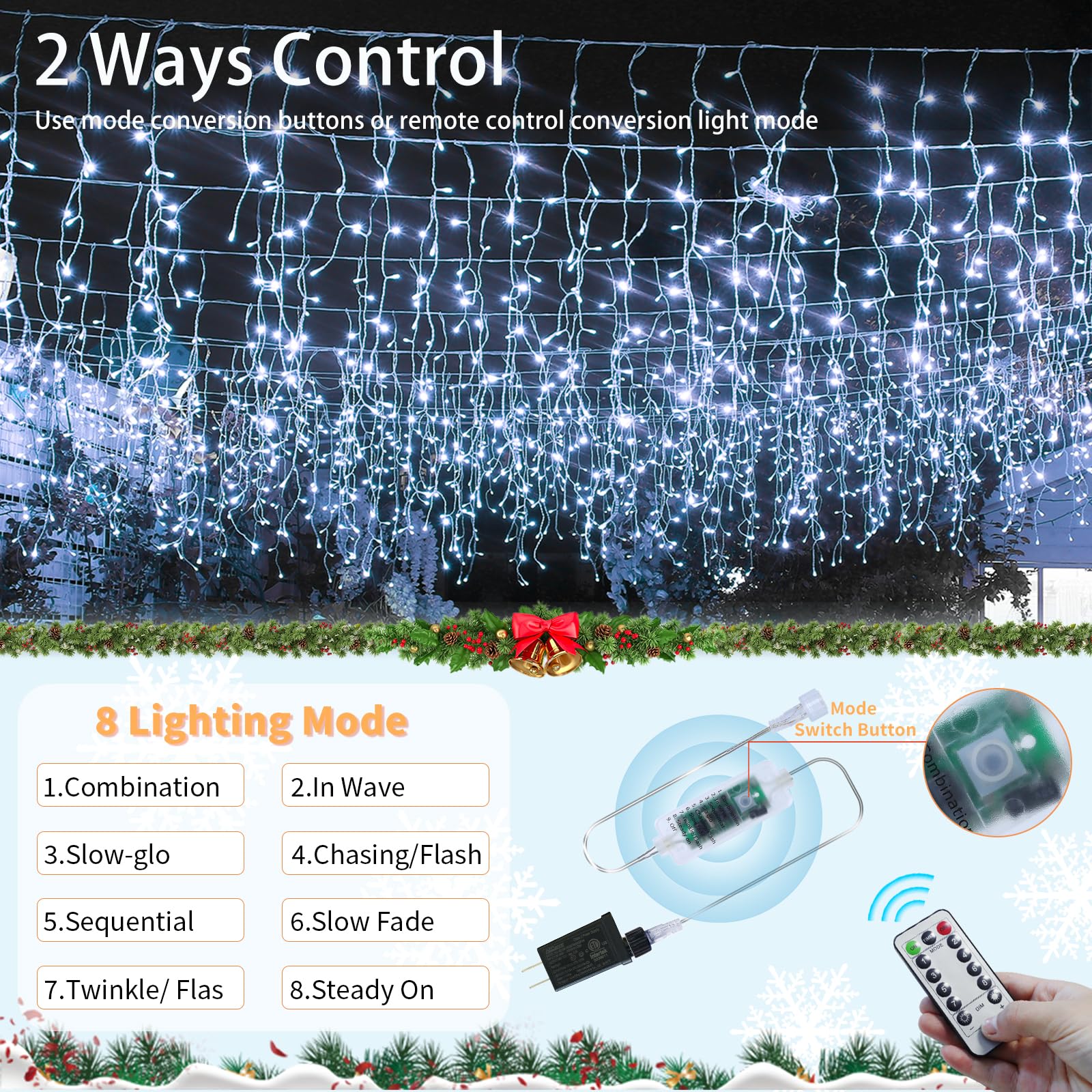Icicle Lights Outdoor, 75.5 Ft 600 Led Christmas Lights With 120 Drops, 8 Modes Plug-In String Lights Waterproof With Remote Tim