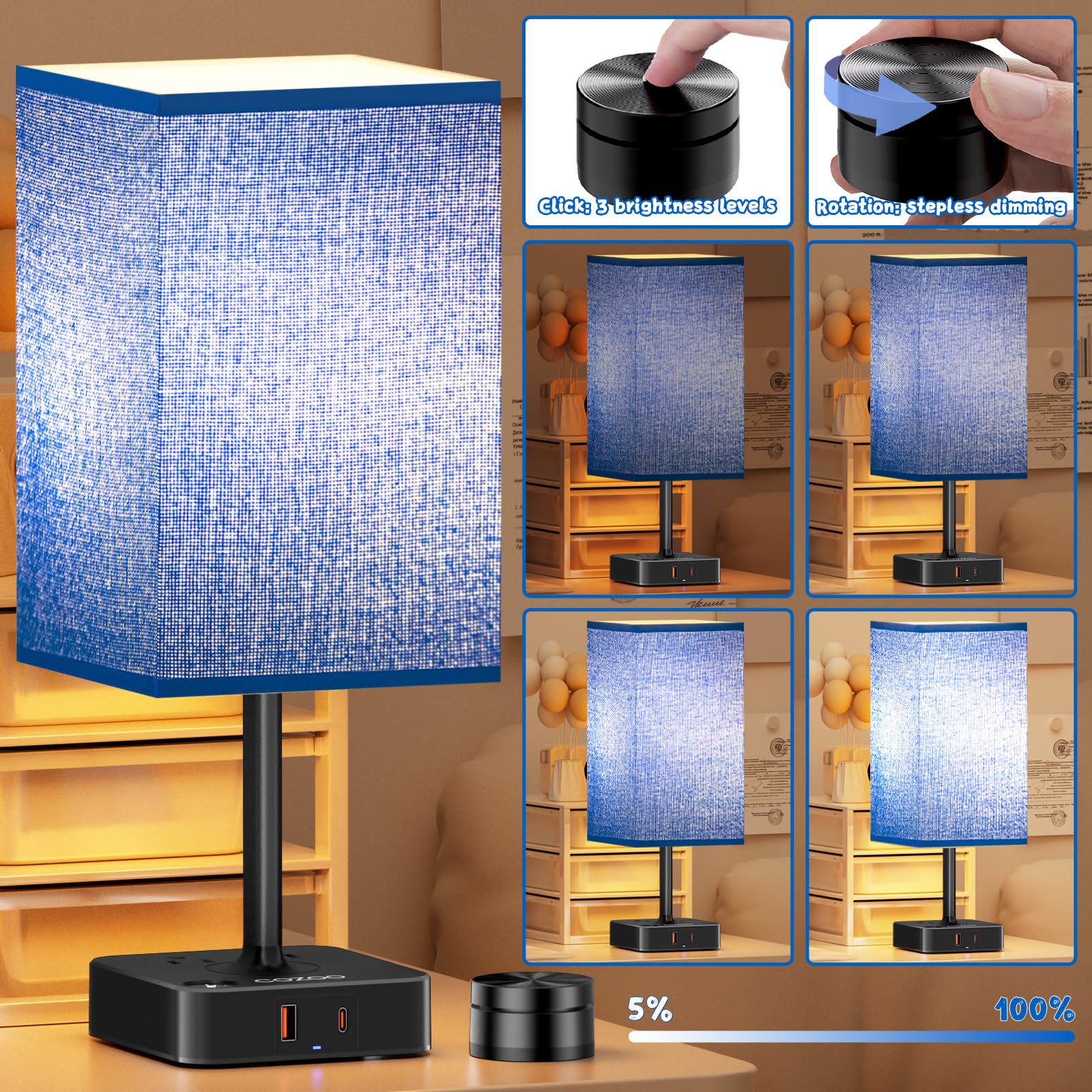 Bedside Lamp & Desk Lamp With Remote  Touch Control  Usb-C/A Ports + Outlets | Blue Fabric Shade Nightstand Table Lamp For Bedroom  Living Room Lighting | Cute Modern Boho Lamp With Charging Station