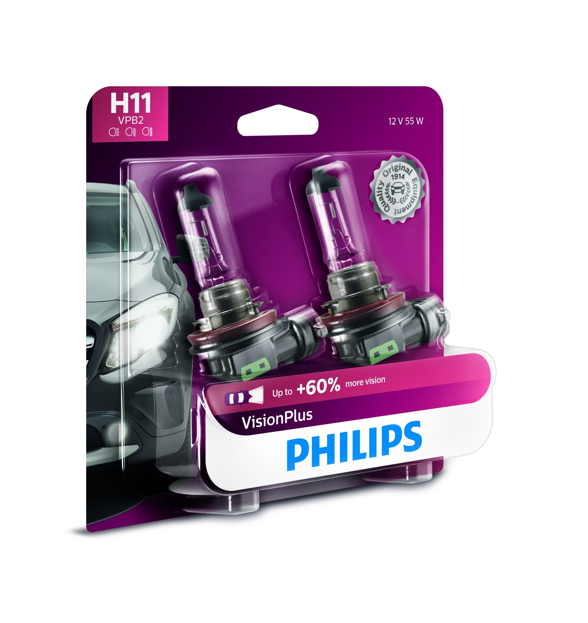 Philips H11 VisionPlus Headlight Bulb, Glass, White, 2 Count (Pack of 1)