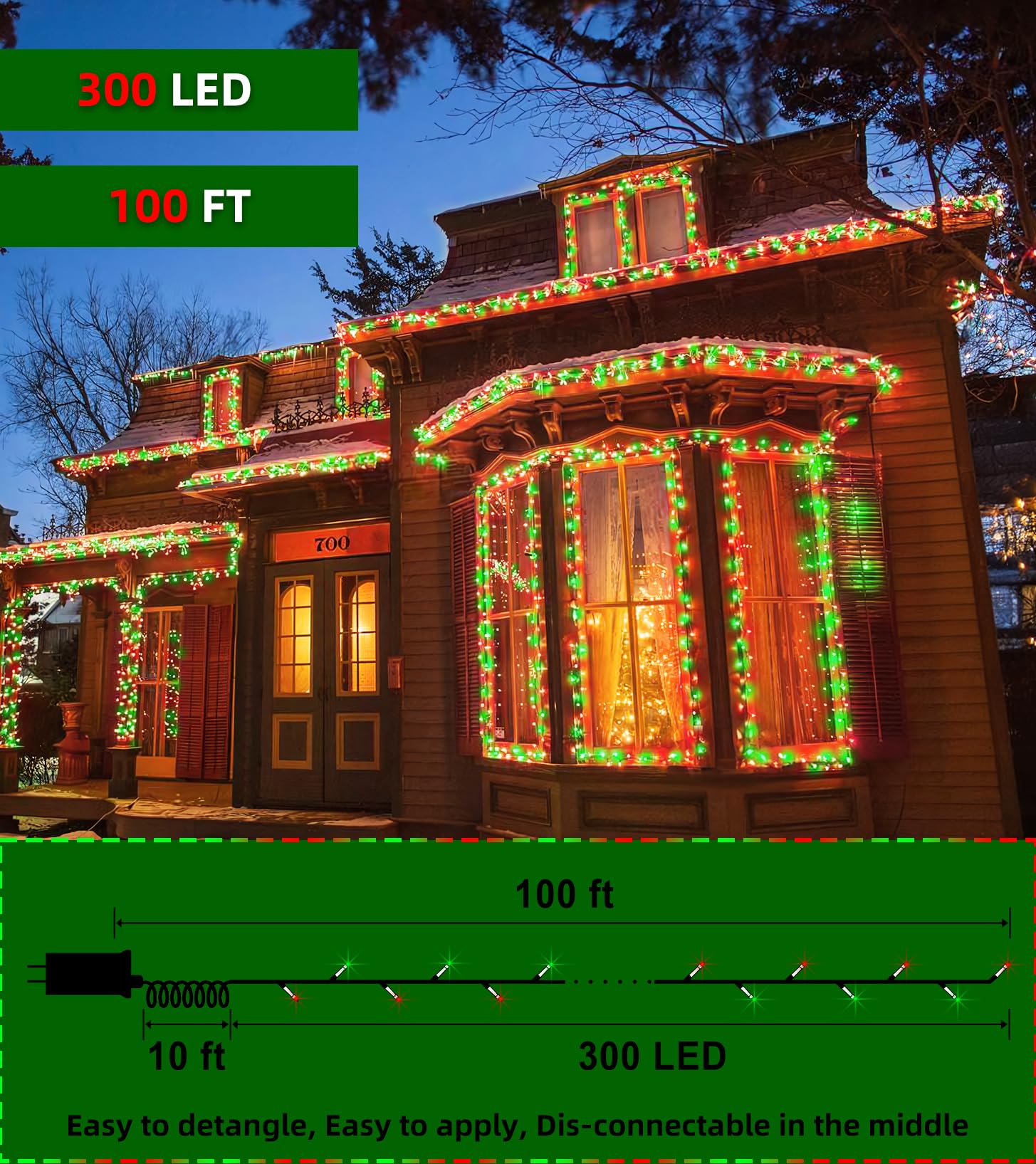 300Led Christmas Lights Indoor Outdoor Use Green Wire, 8 Lighting Modes 100Ft Christmas Tree Lights With Timer & Memory, Ip44 Wa