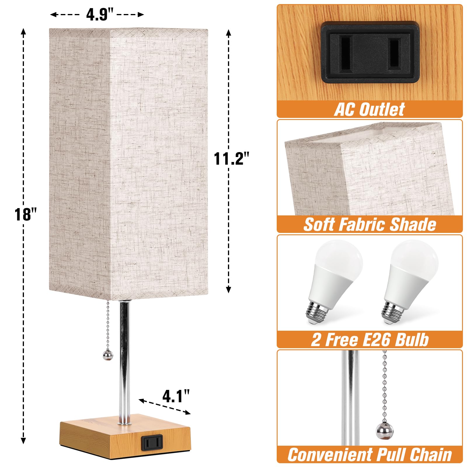 PLMMY Table Lamp Set of 2, 18 Inch Flaxen Shade-Wood Base, 3 Color Temperatures, Model RD-PTL6W-022