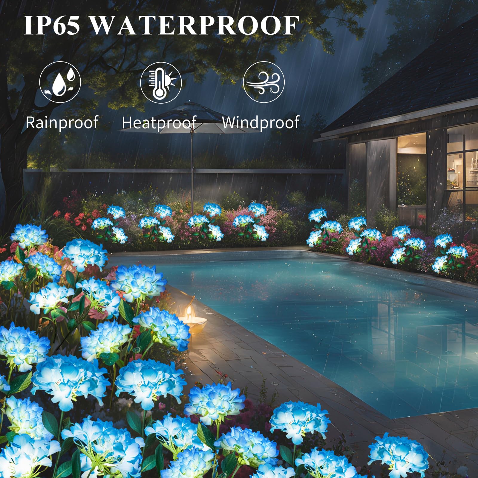 Yaodema Garden Lights Solar Flower Light, Led Solar Powered Outdoor Light Decor For Path Yard Walkway Patio Balcony Lawn, Hydrangea Artificial Flower (Blue, 2)