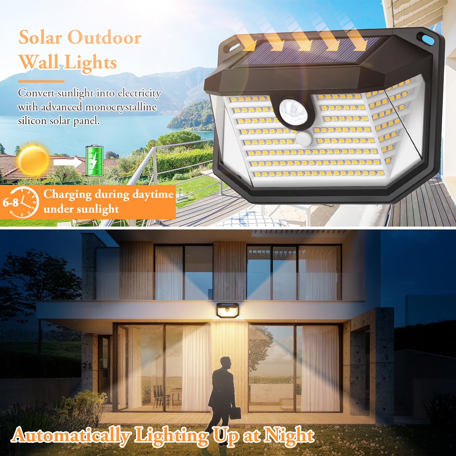 Brightever 2-Pack Solar Outdoor Lights, Super Bright Motion Sensor, Warm White, Model HSG-T22, LED Security Wall Lights for House & Porch