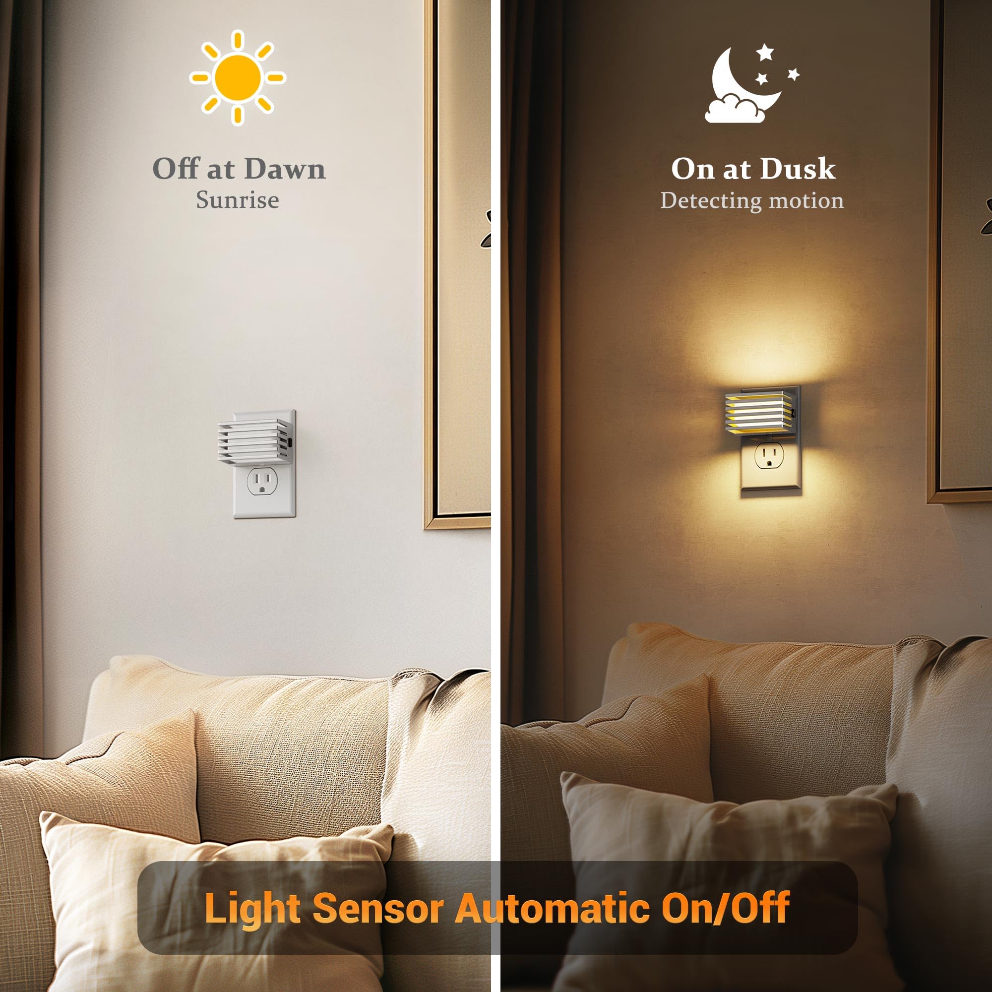 JandCase LED Night Light - Dimmable Soft White Plug-in with Dusk to Dawn Sensor, 2 Pack, Warm Silver Shade