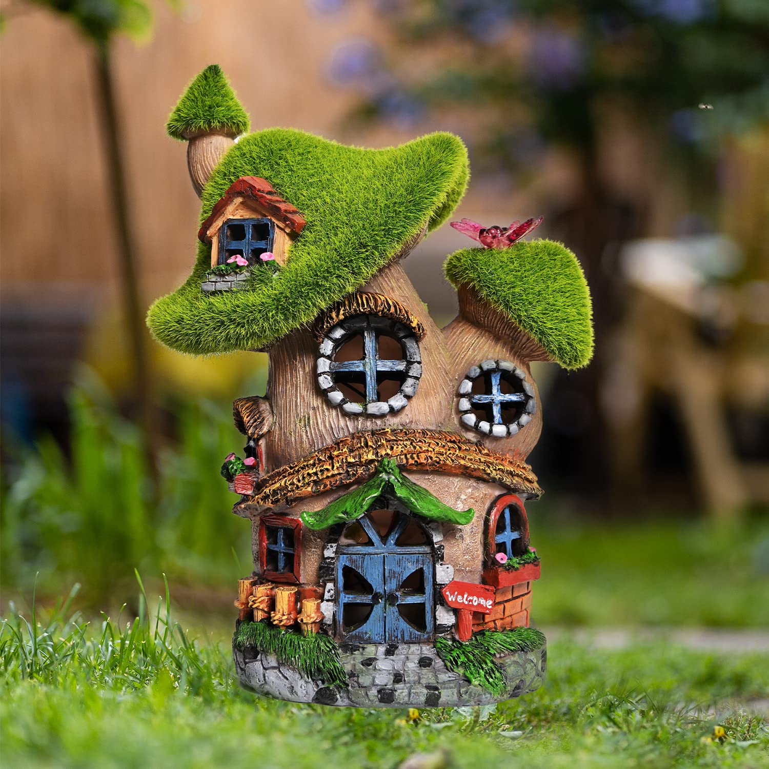 ASAWASA Flocked Mushroom Fairy Garden House with Solar Light, Resin Decor, Color: Mushroom House 2
