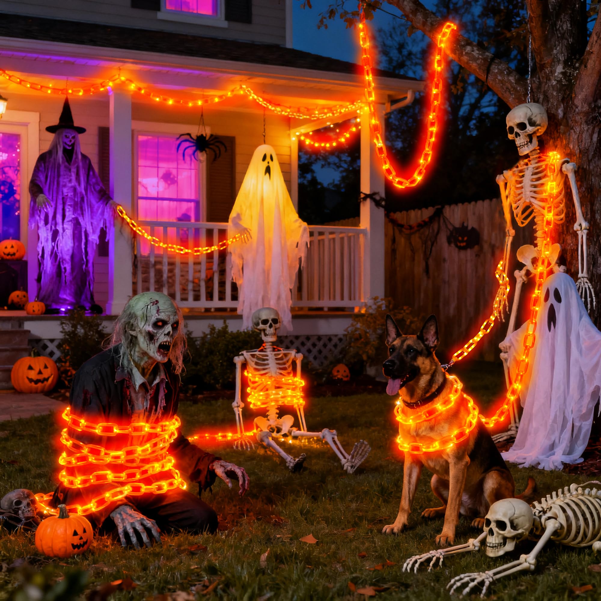 Halloween Decoration Solar Light String 6.6Ft  100 Led Orange Chain Lights. Ip44 Waterproof  8 Lighting Modes. Perfect For Horror Costume Accessories  Haunted House Courtyards & Halloween Party Decor.