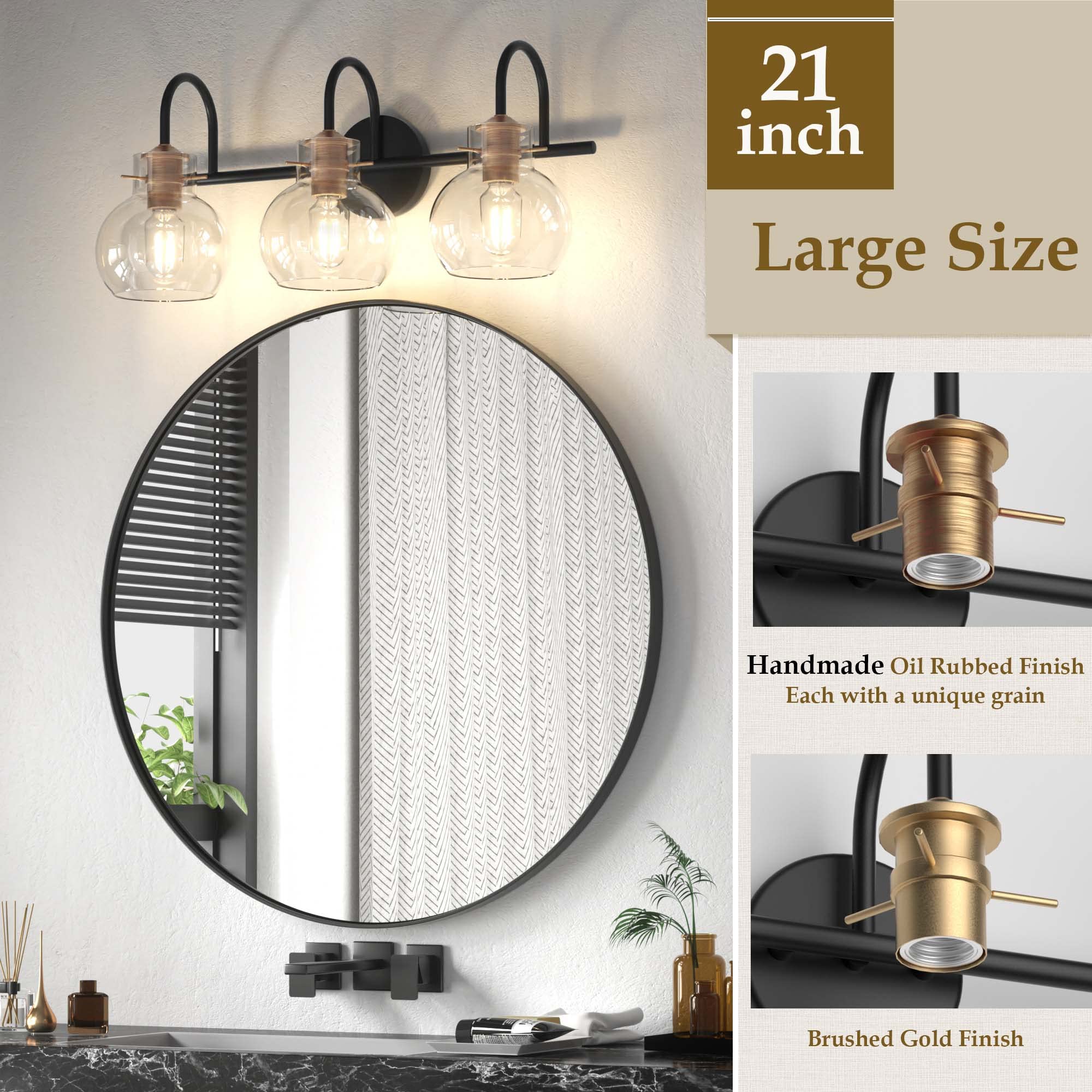 PAIHOME Bathroom Light Fixtures 3-Light Vanity Light, Black & Copper, Metal, 21-Inch, Globe Glass Shade, Model 2109-BG