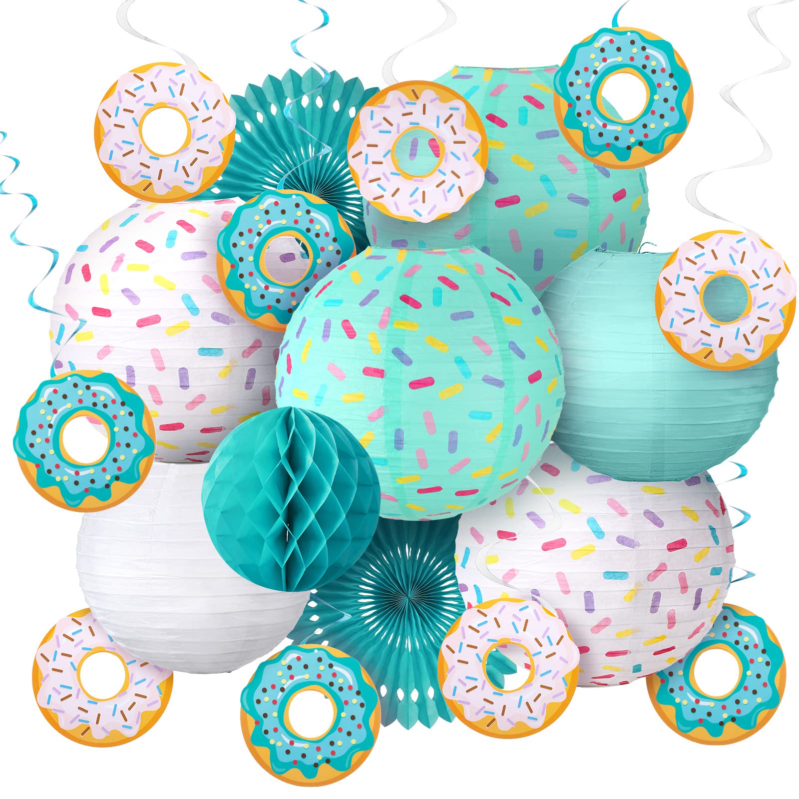 Hortsun 19 Pcs Donut Birthday Party Decorations Lanterns Hanging Donut Theme Decor Paper Lanterns Honeycomb Decorations Sweet On