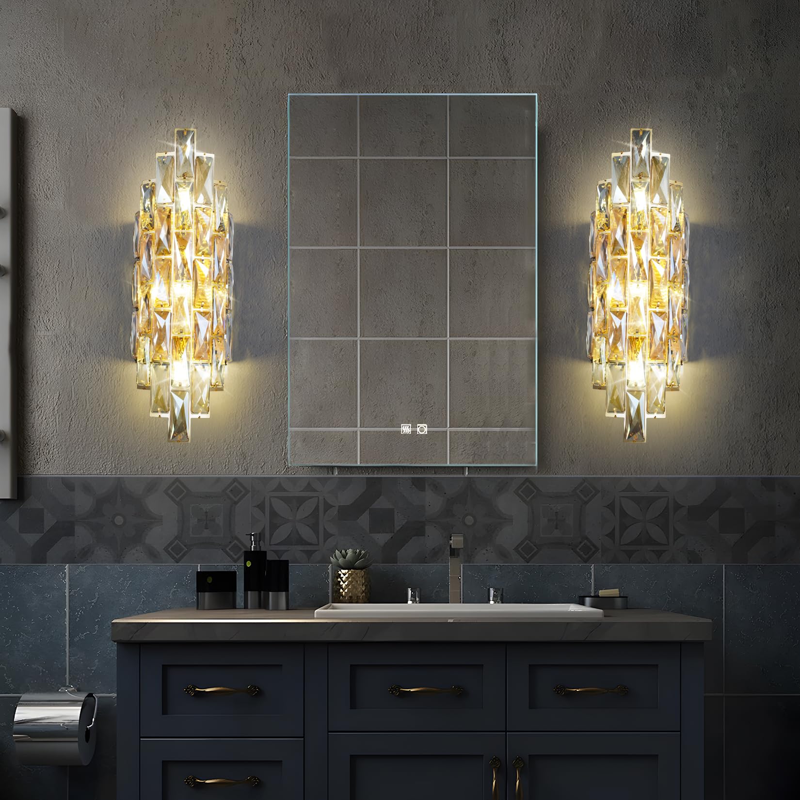 Kaiyuan Modern Crystal Wall Sconces - Gold Indoor Light Fixtures for Living Room, Bedroom, Bathroom, Hallway